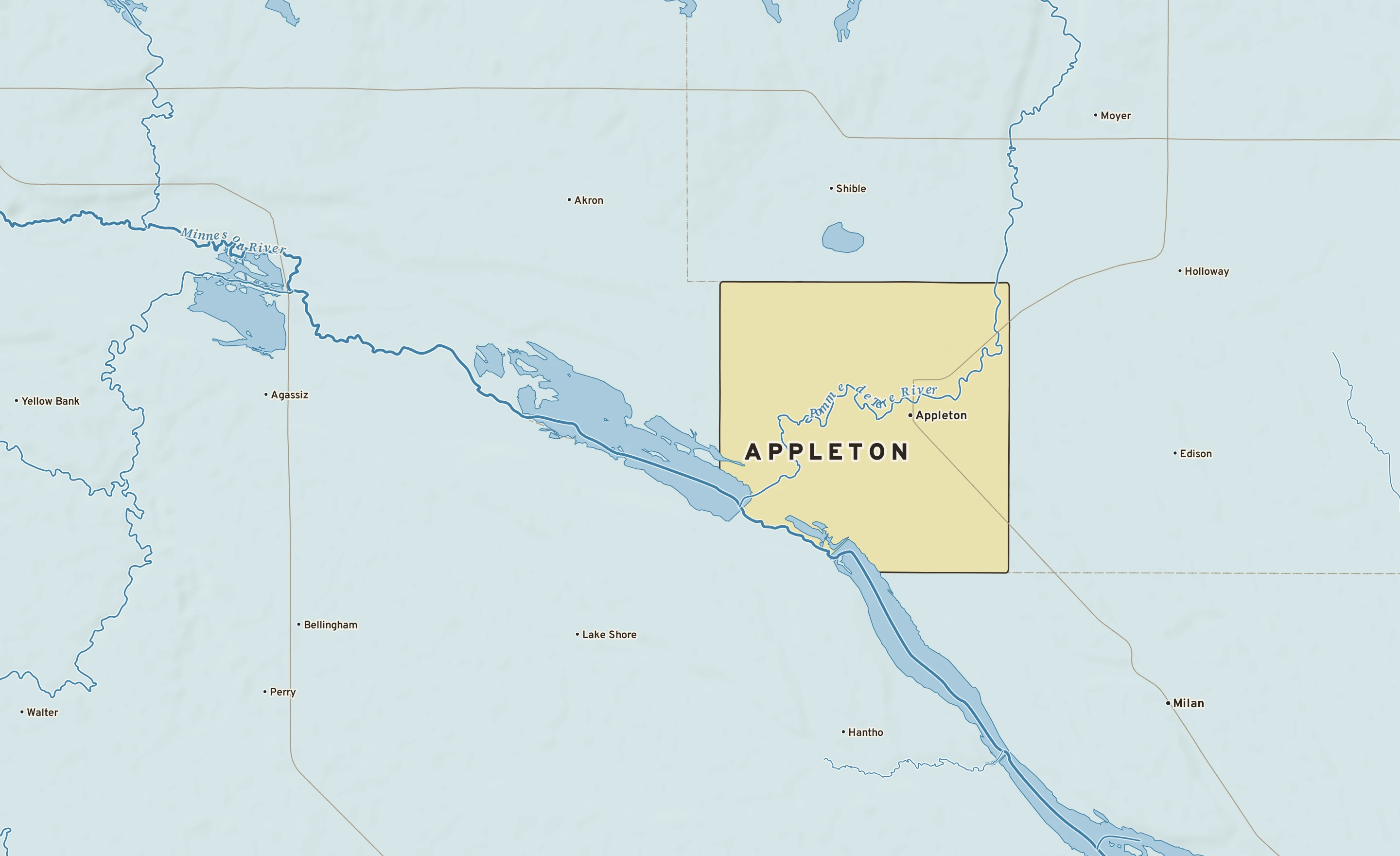 Shaded-relief atlas plate of Appleton, Minnesota: rivers, roads, the city limits and where the water drains.