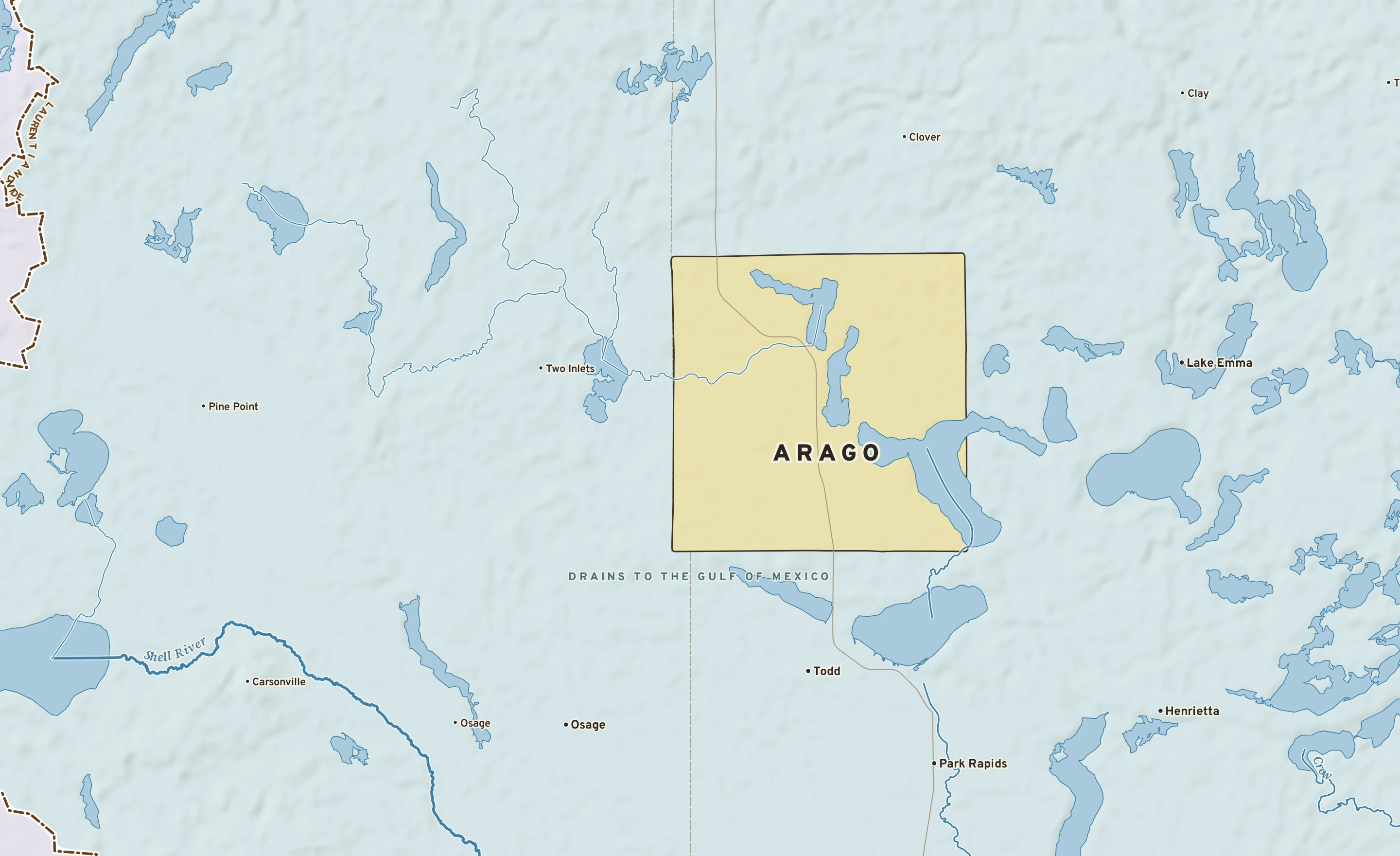 Shaded-relief atlas plate of Arago, Minnesota: rivers, roads, the city limits and where the water drains.
