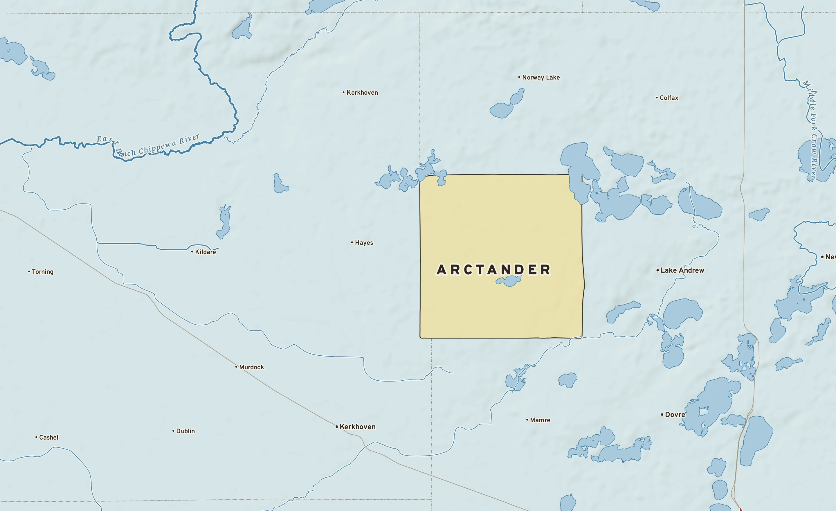 Shaded-relief atlas plate of Arctander, Minnesota: rivers, roads, the city limits and where the water drains.