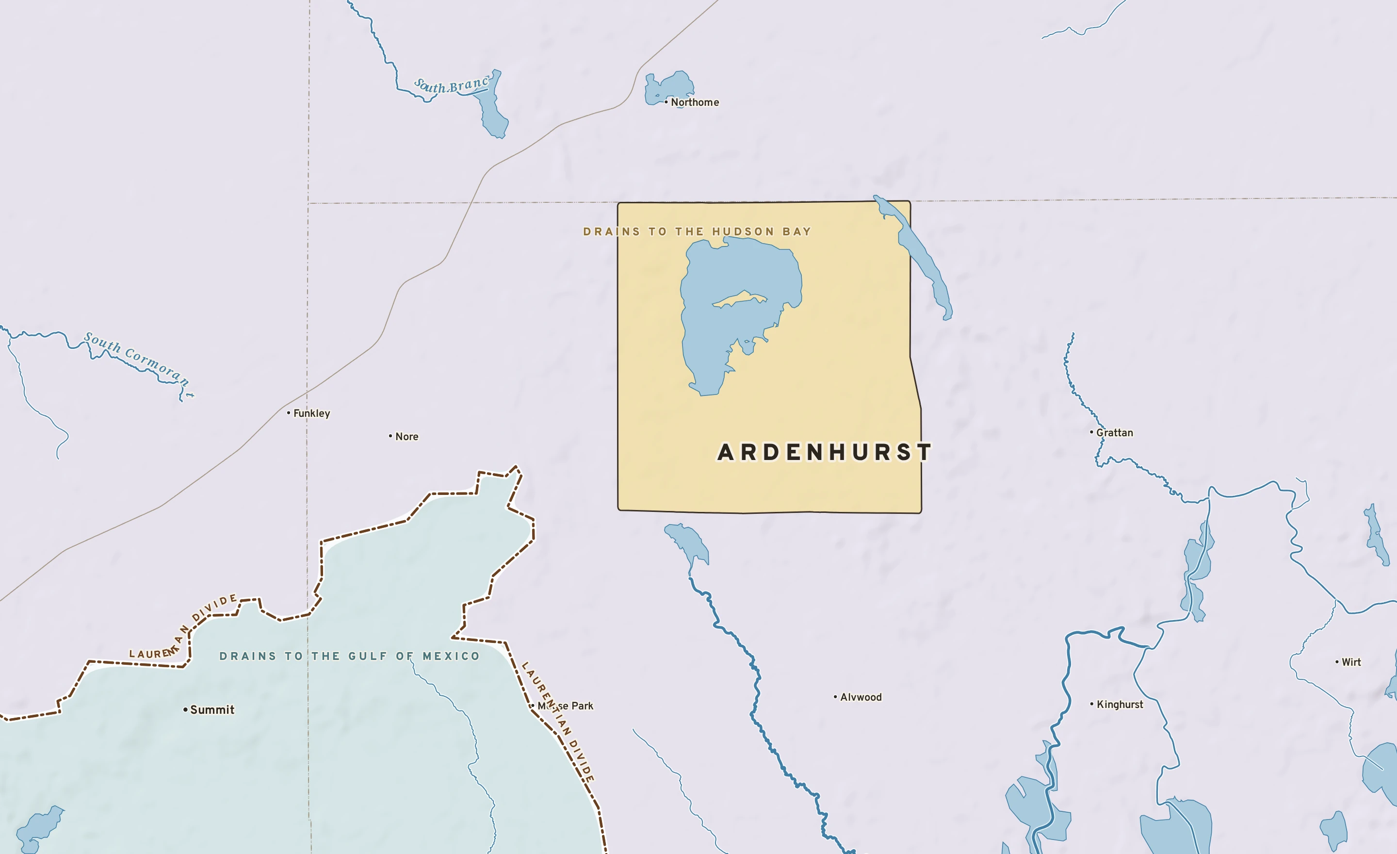 Shaded-relief atlas plate of Ardenhurst, Minnesota: rivers, roads, the city limits and where the water drains.