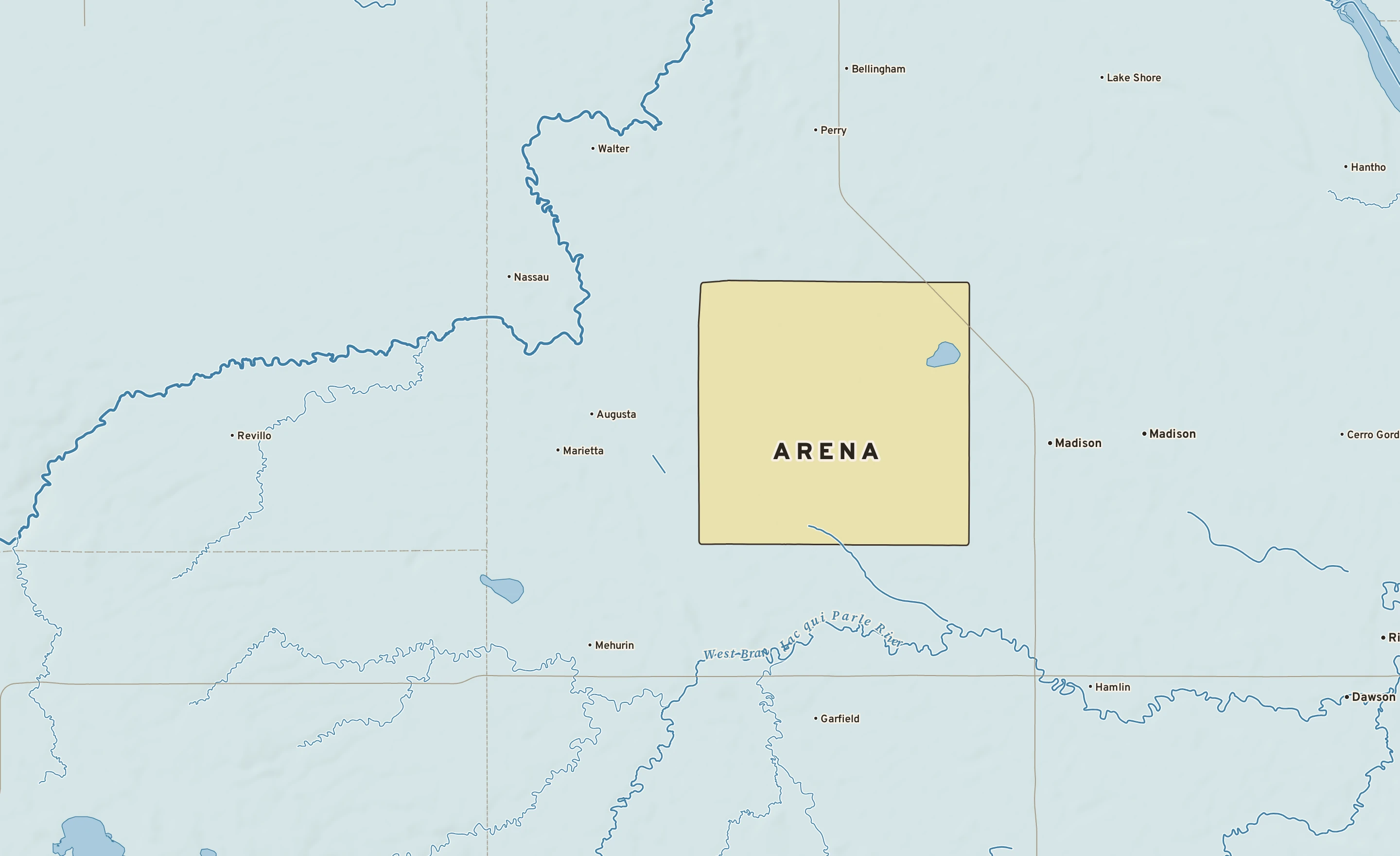 Shaded-relief atlas plate of Arena, Minnesota: rivers, roads, the city limits and where the water drains.