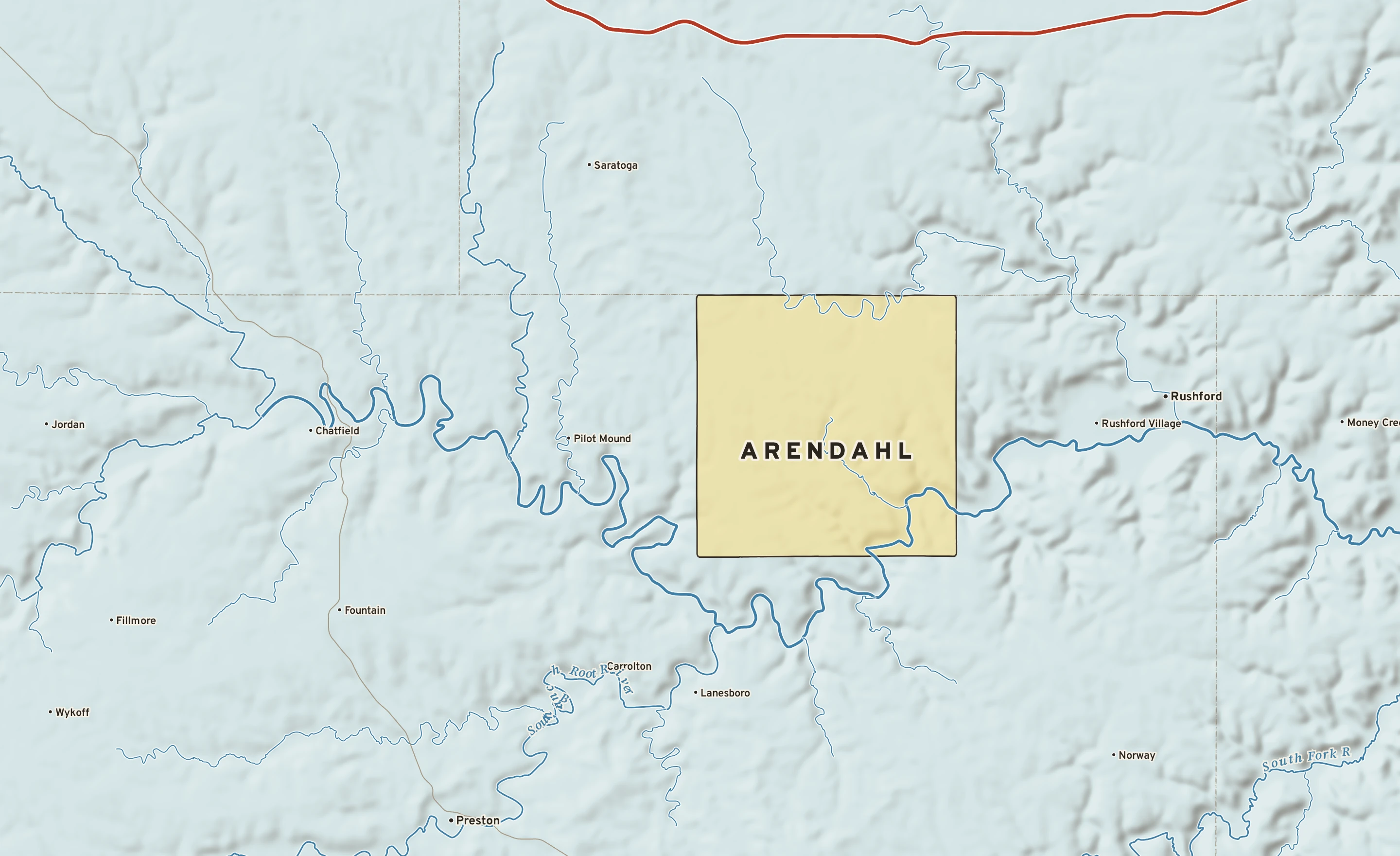 Shaded-relief atlas plate of Arendahl, Minnesota: rivers, roads, the city limits and where the water drains.