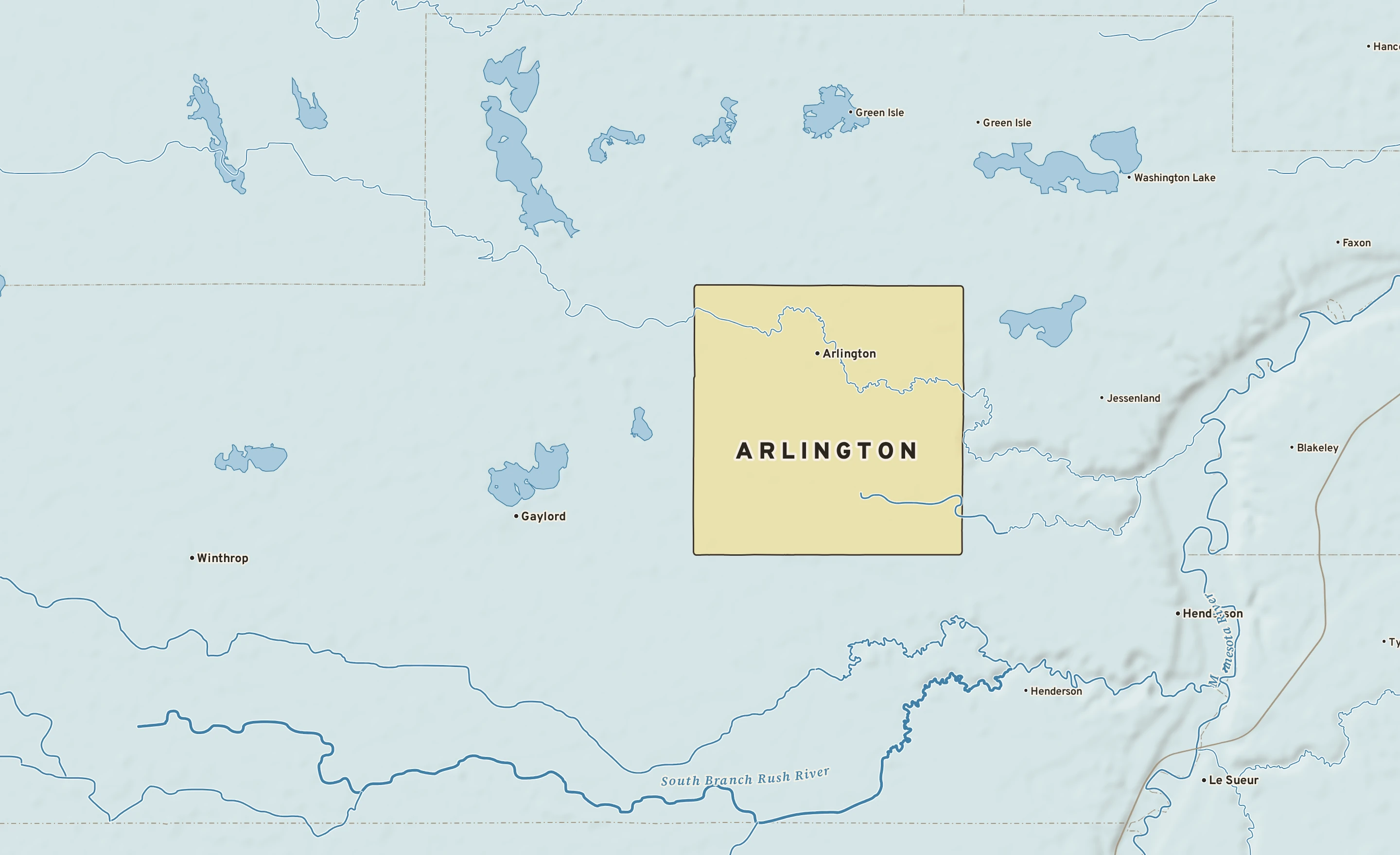 Shaded-relief atlas plate of Arlington, Minnesota: rivers, roads, the city limits and where the water drains.