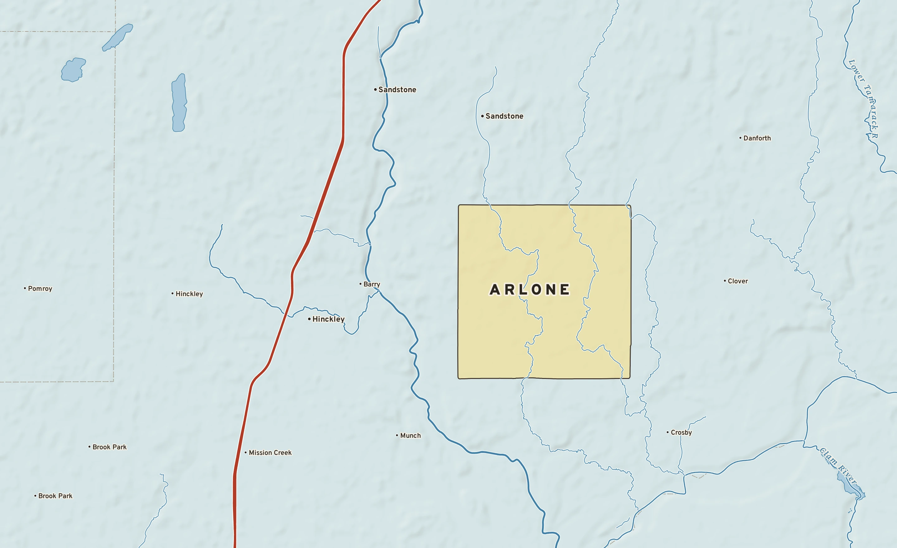 Shaded-relief atlas plate of Arlone, Minnesota: rivers, roads, the city limits and where the water drains.