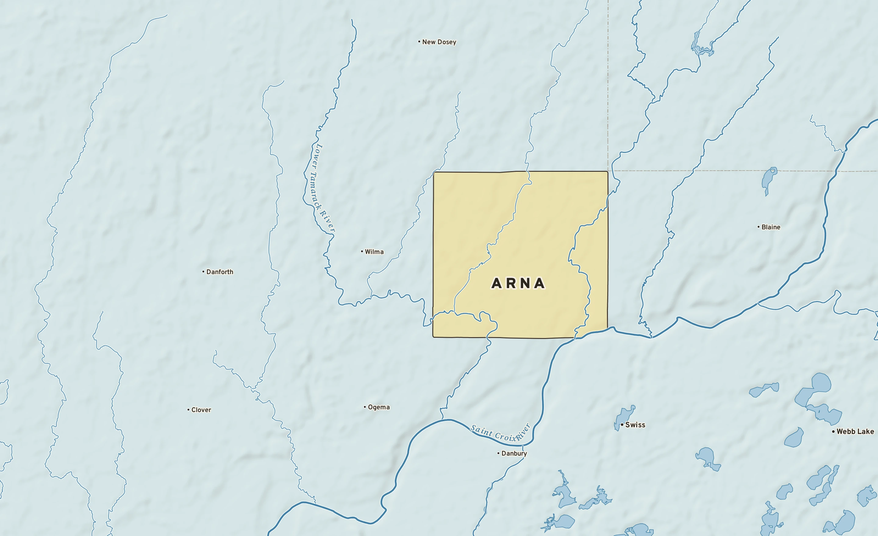 Shaded-relief atlas plate of Arna, Minnesota: rivers, roads, the city limits and where the water drains.