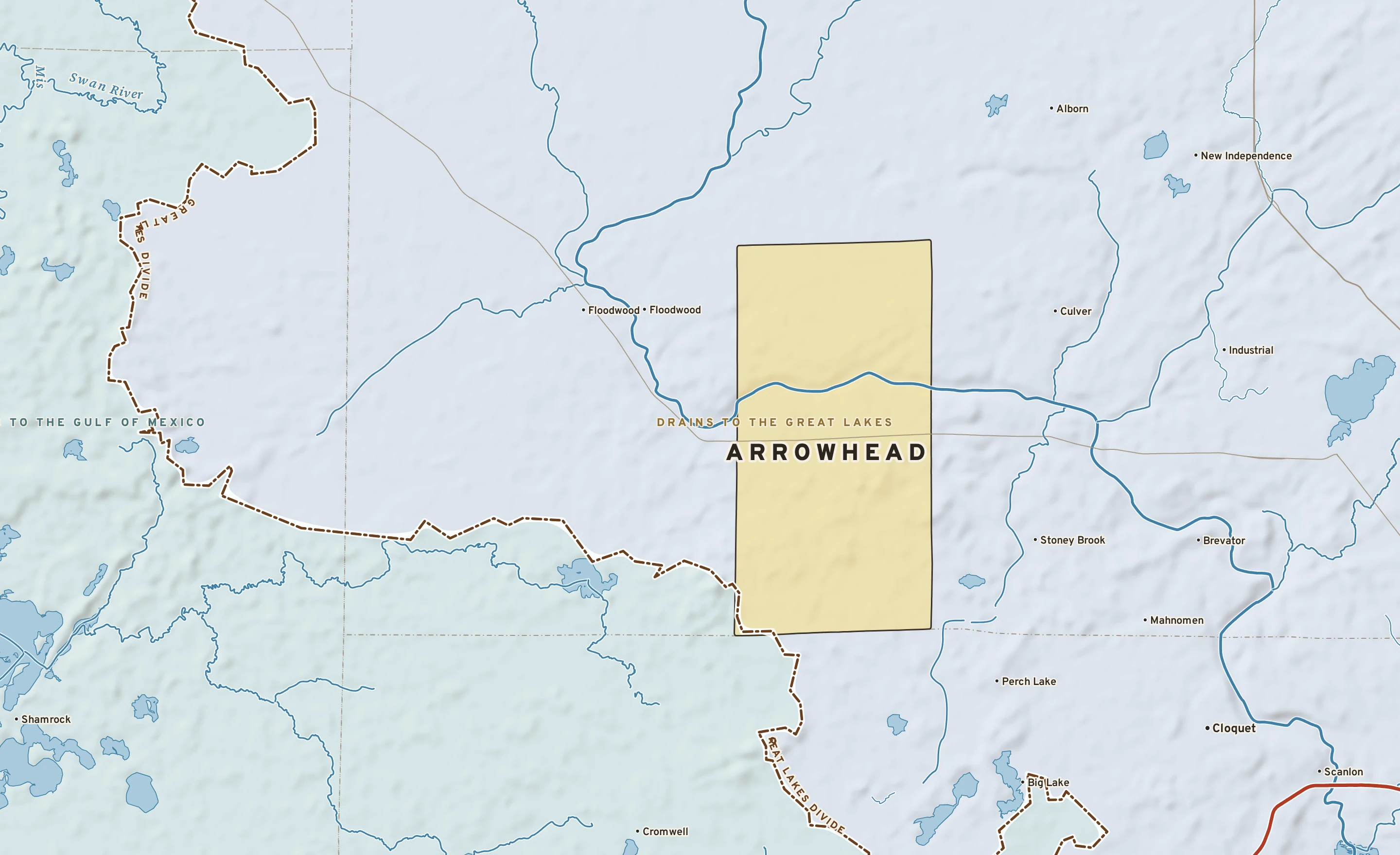 Shaded-relief atlas plate of Arrowhead, Minnesota: rivers, roads, the city limits and where the water drains.