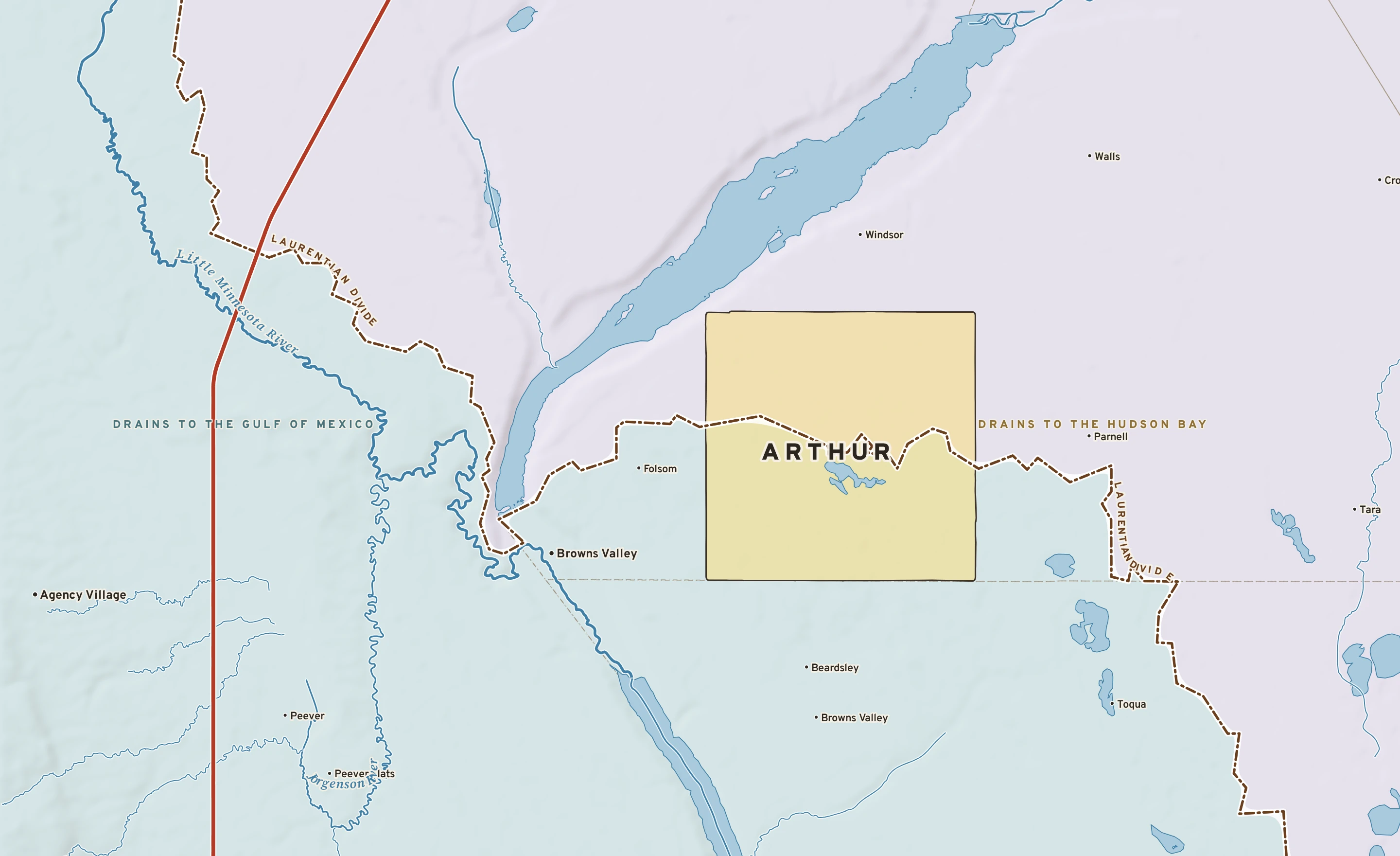 Shaded-relief atlas plate of Arthur, Minnesota: rivers, roads, the city limits and where the water drains.
