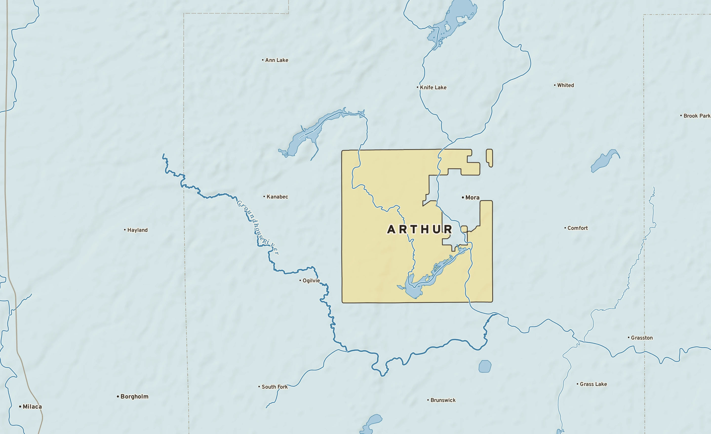 Shaded-relief atlas plate of Arthur, Minnesota: rivers, roads, the city limits and where the water drains.