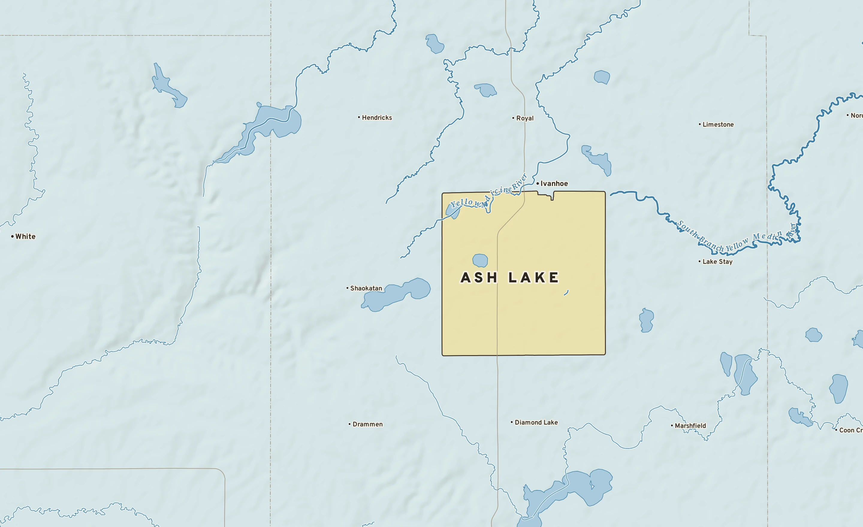 Shaded-relief atlas plate of Ash Lake, Minnesota: rivers, roads, the city limits and where the water drains.