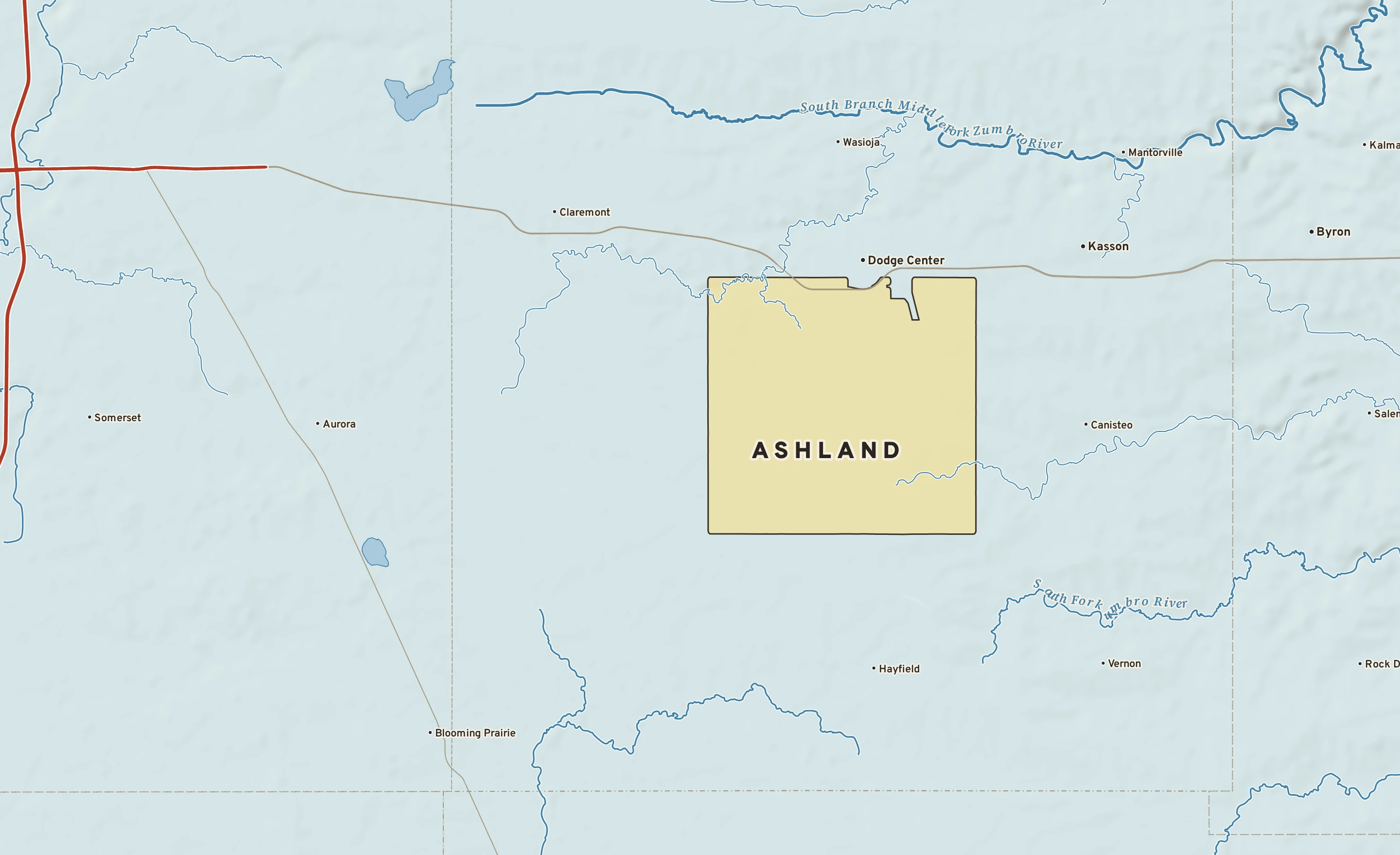 Shaded-relief atlas plate of Ashland, Minnesota: rivers, roads, the city limits and where the water drains.