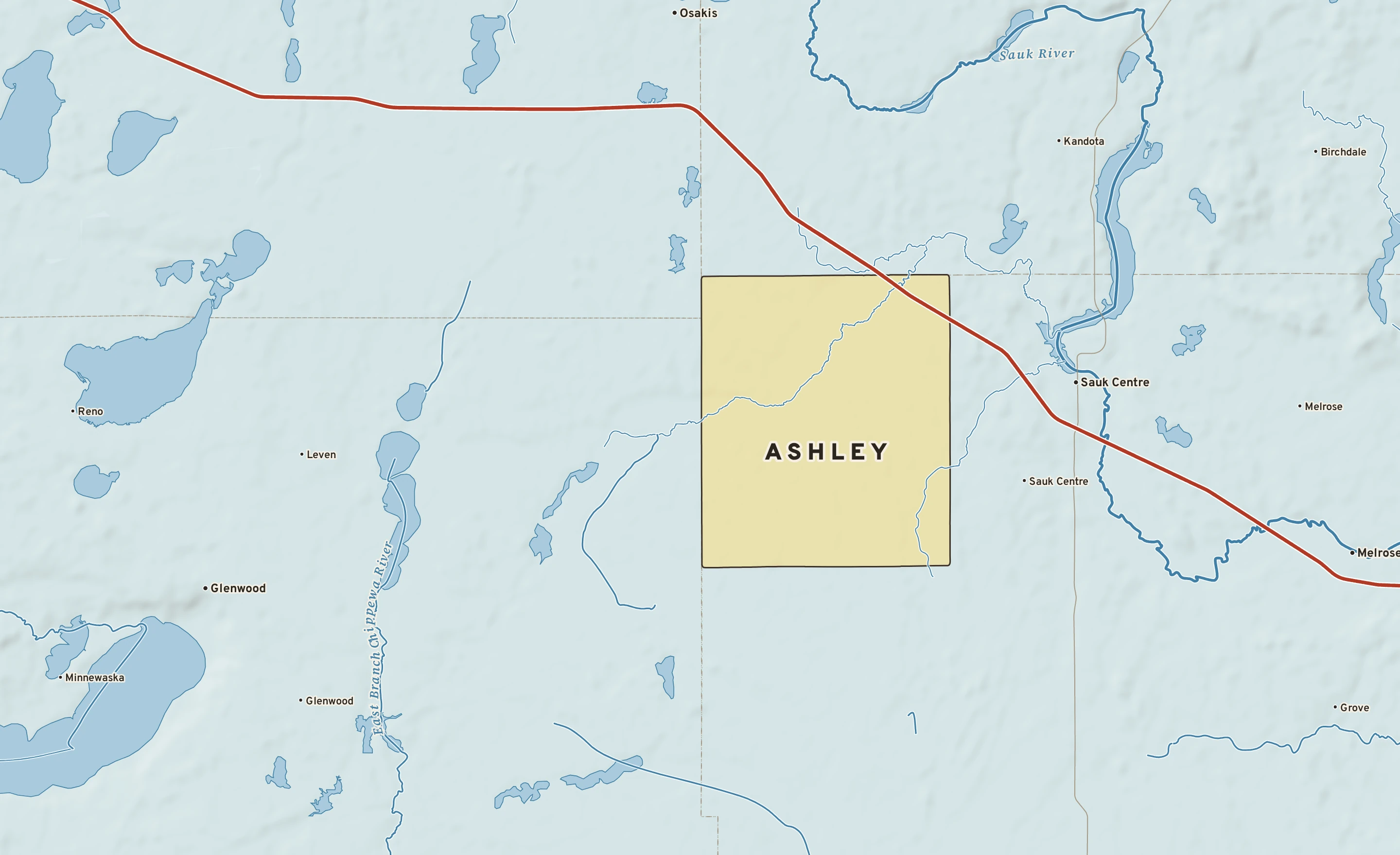 Shaded-relief atlas plate of Ashley, Minnesota: rivers, roads, the city limits and where the water drains.