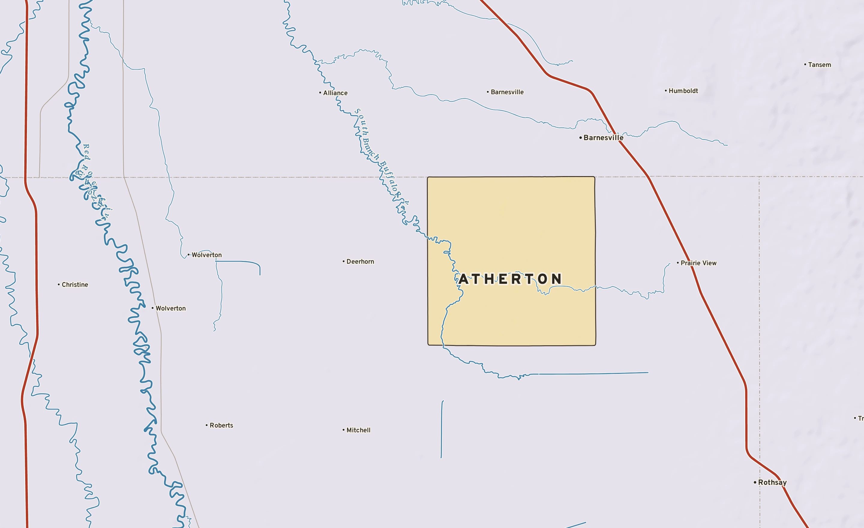Shaded-relief atlas plate of Atherton, Minnesota: rivers, roads, the city limits and where the water drains.