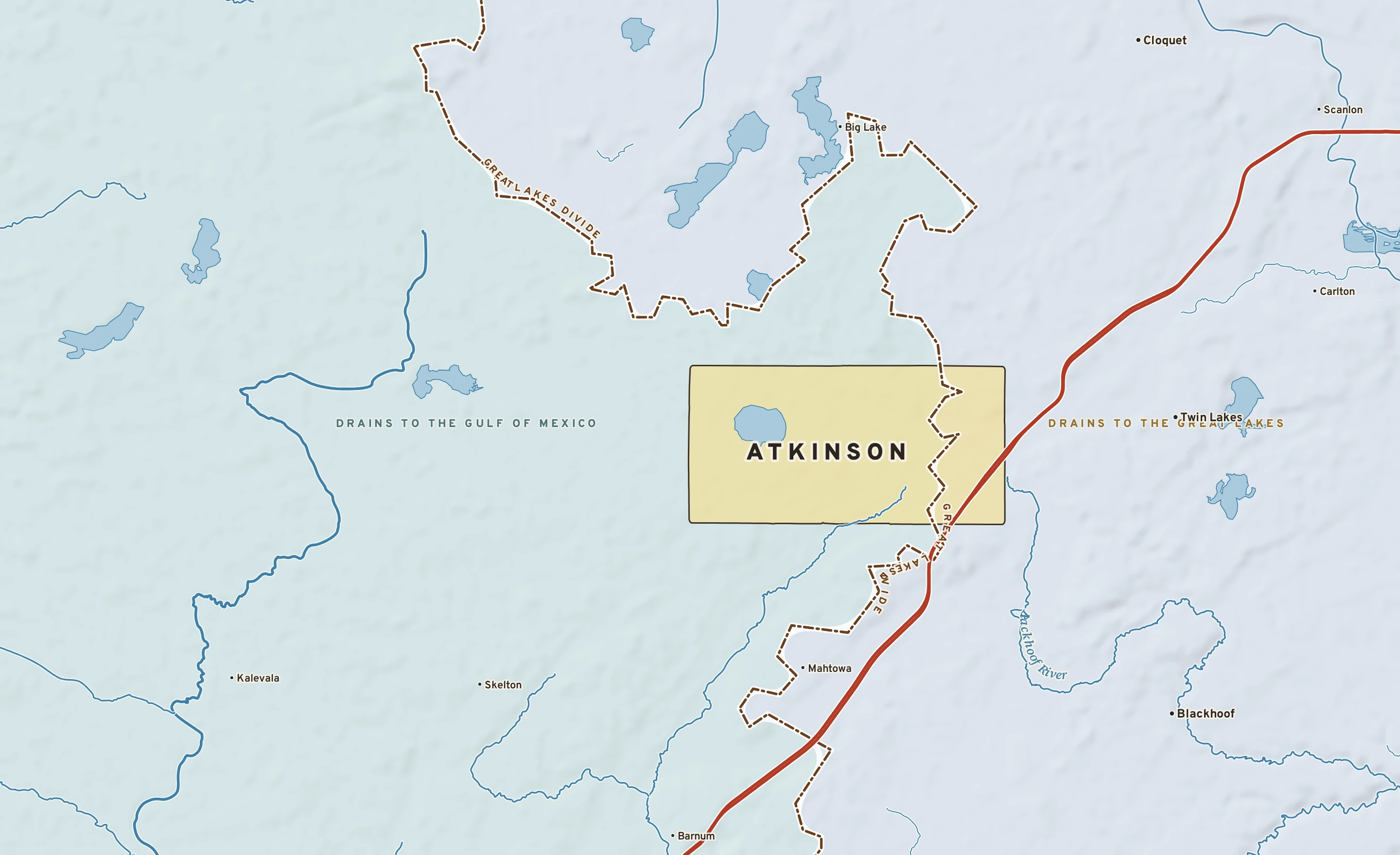 Shaded-relief atlas plate of Atkinson, Minnesota: rivers, roads, the city limits and where the water drains.
