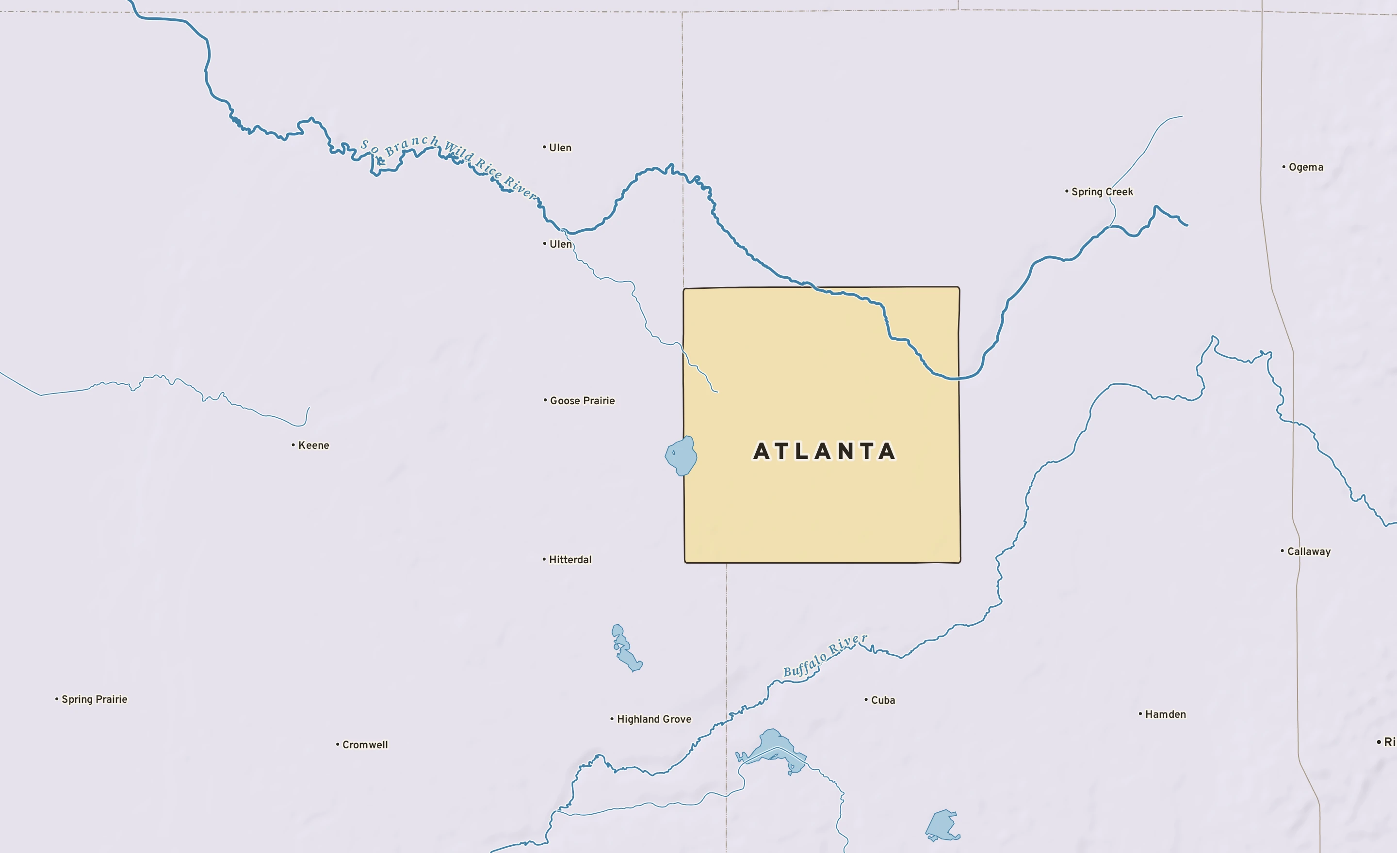 Shaded-relief atlas plate of Atlanta, Minnesota: rivers, roads, the city limits and where the water drains.