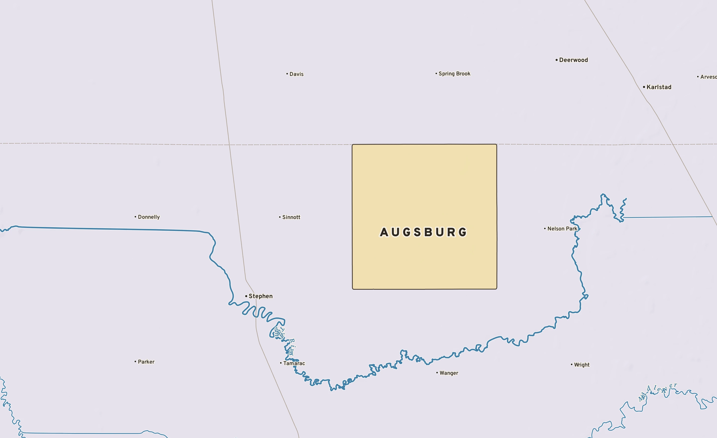 Shaded-relief atlas plate of Augsburg, Minnesota: rivers, roads, the city limits and where the water drains.