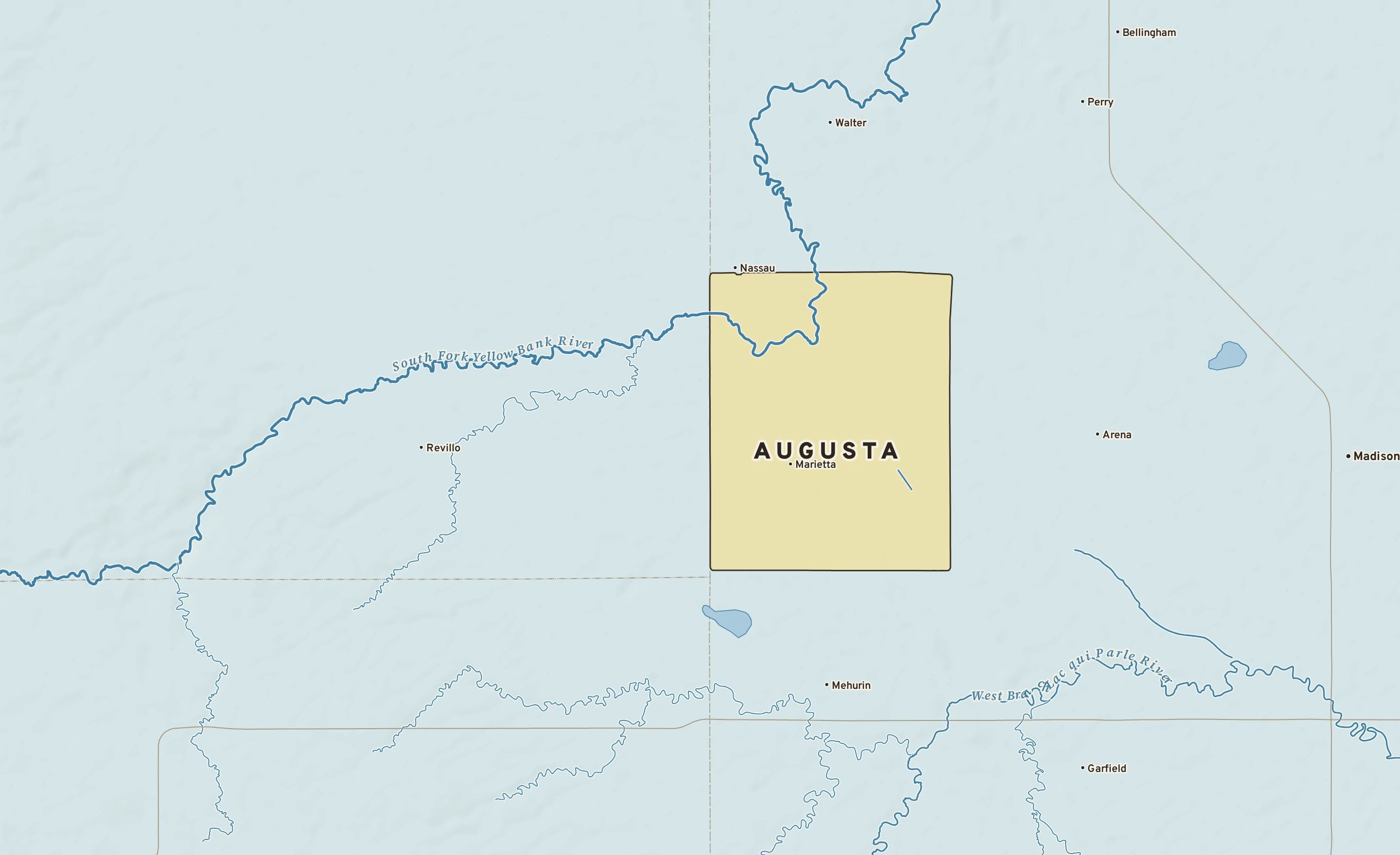 Shaded-relief atlas plate of Augusta, Minnesota: rivers, roads, the city limits and where the water drains.