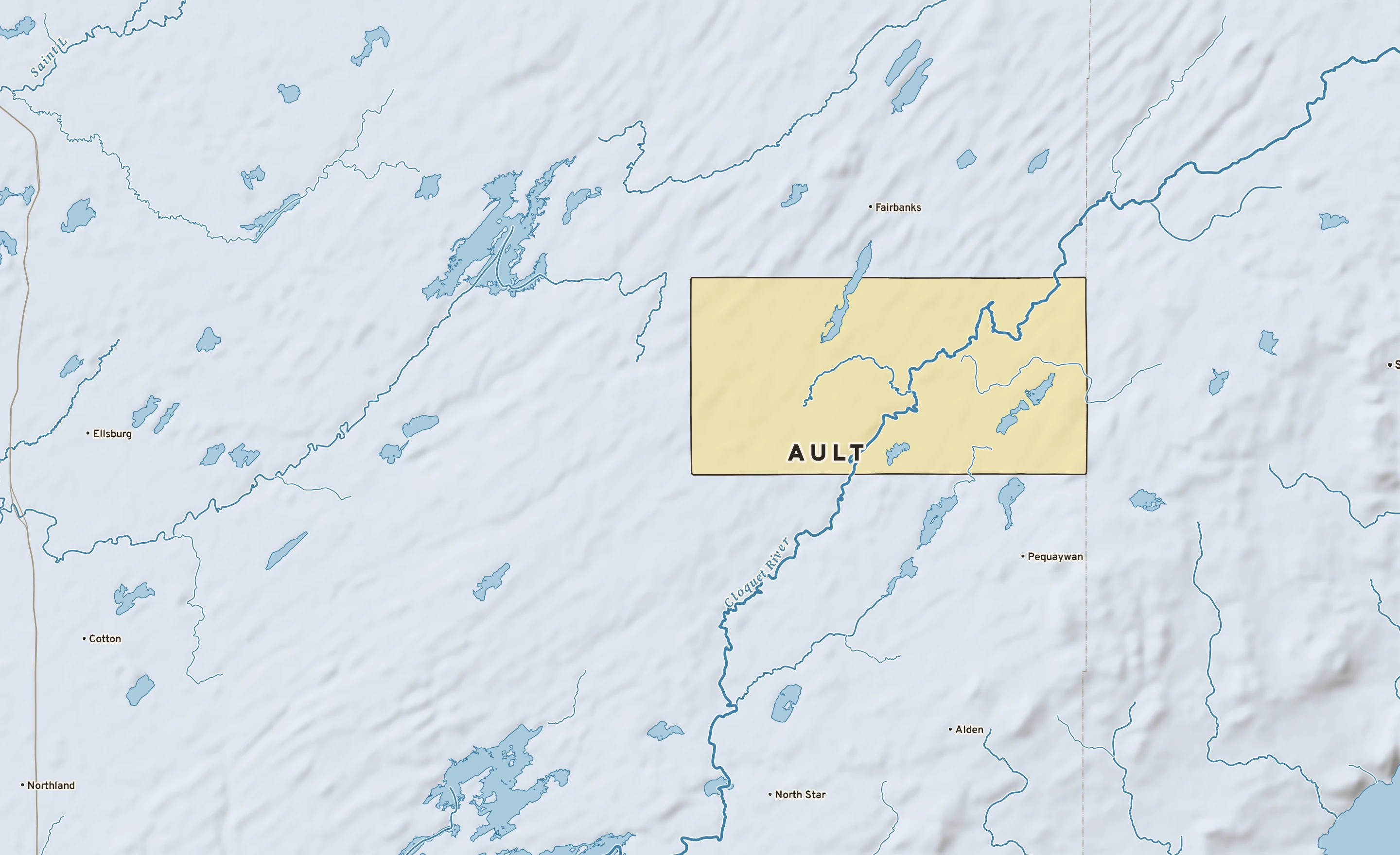 Shaded-relief atlas plate of Ault, Minnesota: rivers, roads, the city limits and where the water drains.