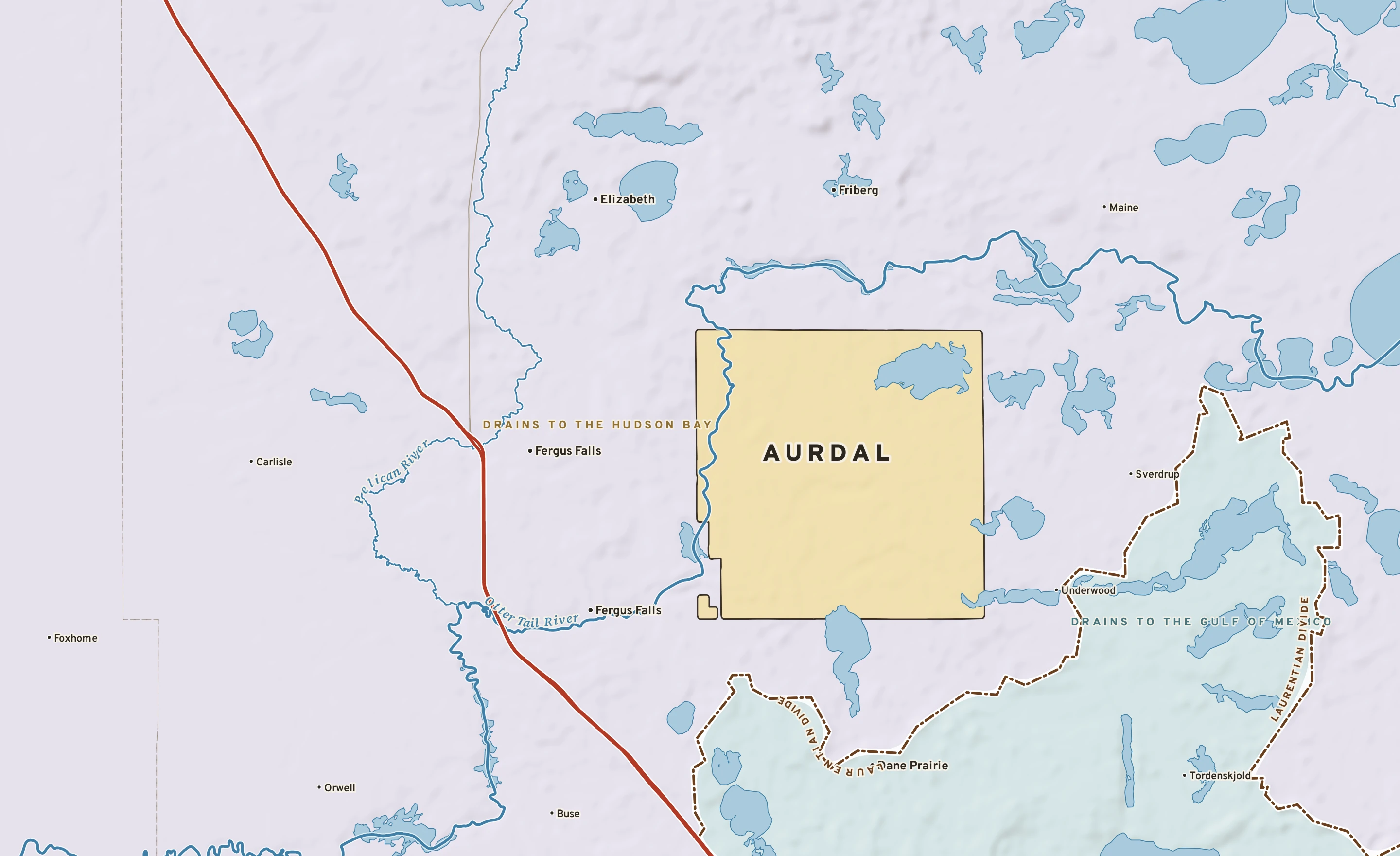 Shaded-relief atlas plate of Aurdal, Minnesota: rivers, roads, the city limits and where the water drains.