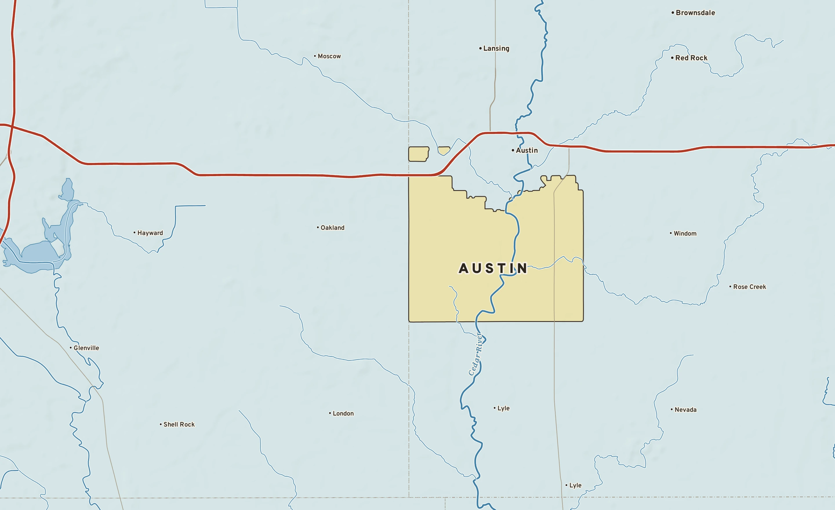 Shaded-relief atlas plate of Austin, Minnesota: rivers, roads, the city limits and where the water drains.