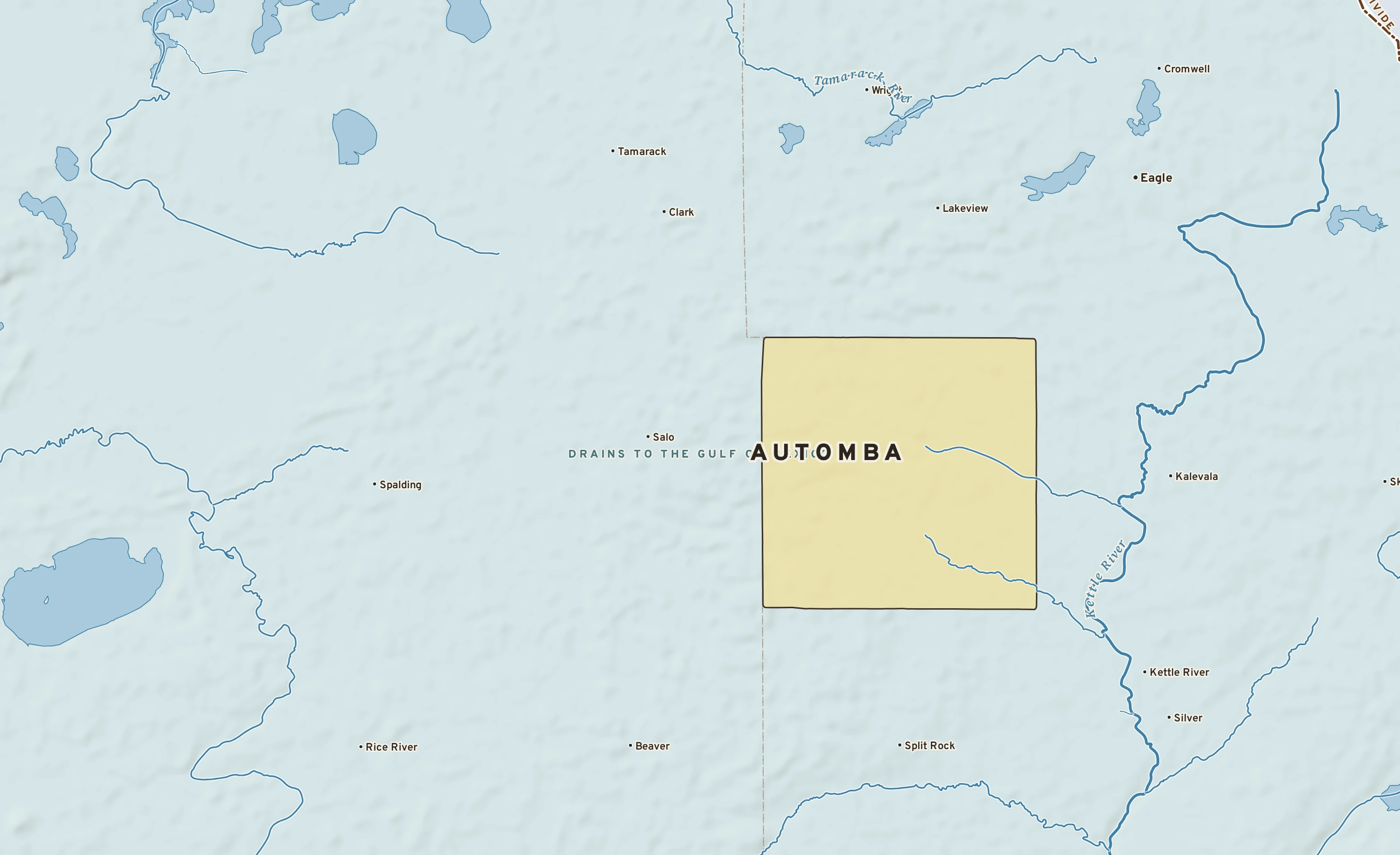 Shaded-relief atlas plate of Automba, Minnesota: rivers, roads, the city limits and where the water drains.