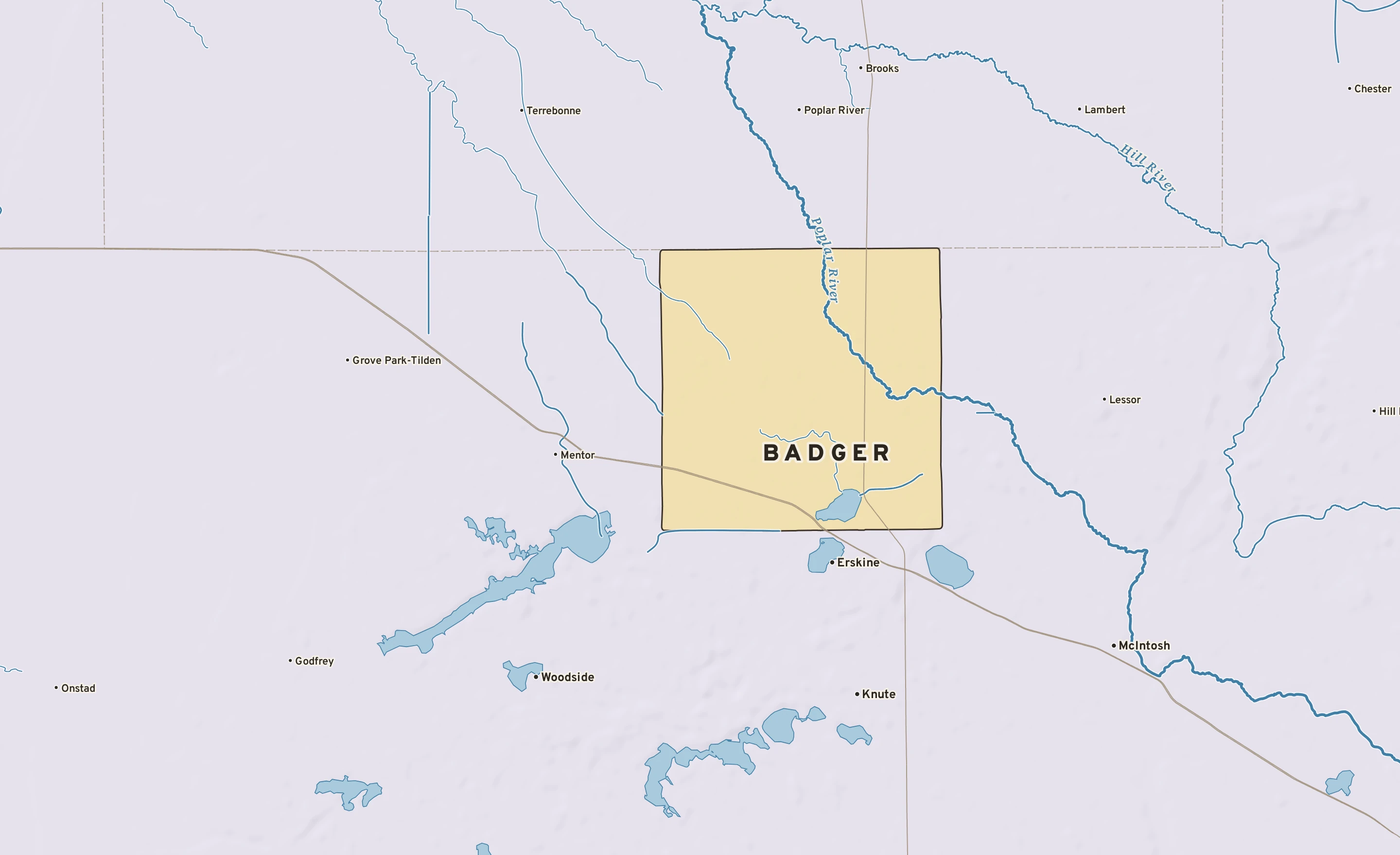 Shaded-relief atlas plate of Badger, Minnesota: rivers, roads, the city limits and where the water drains.
