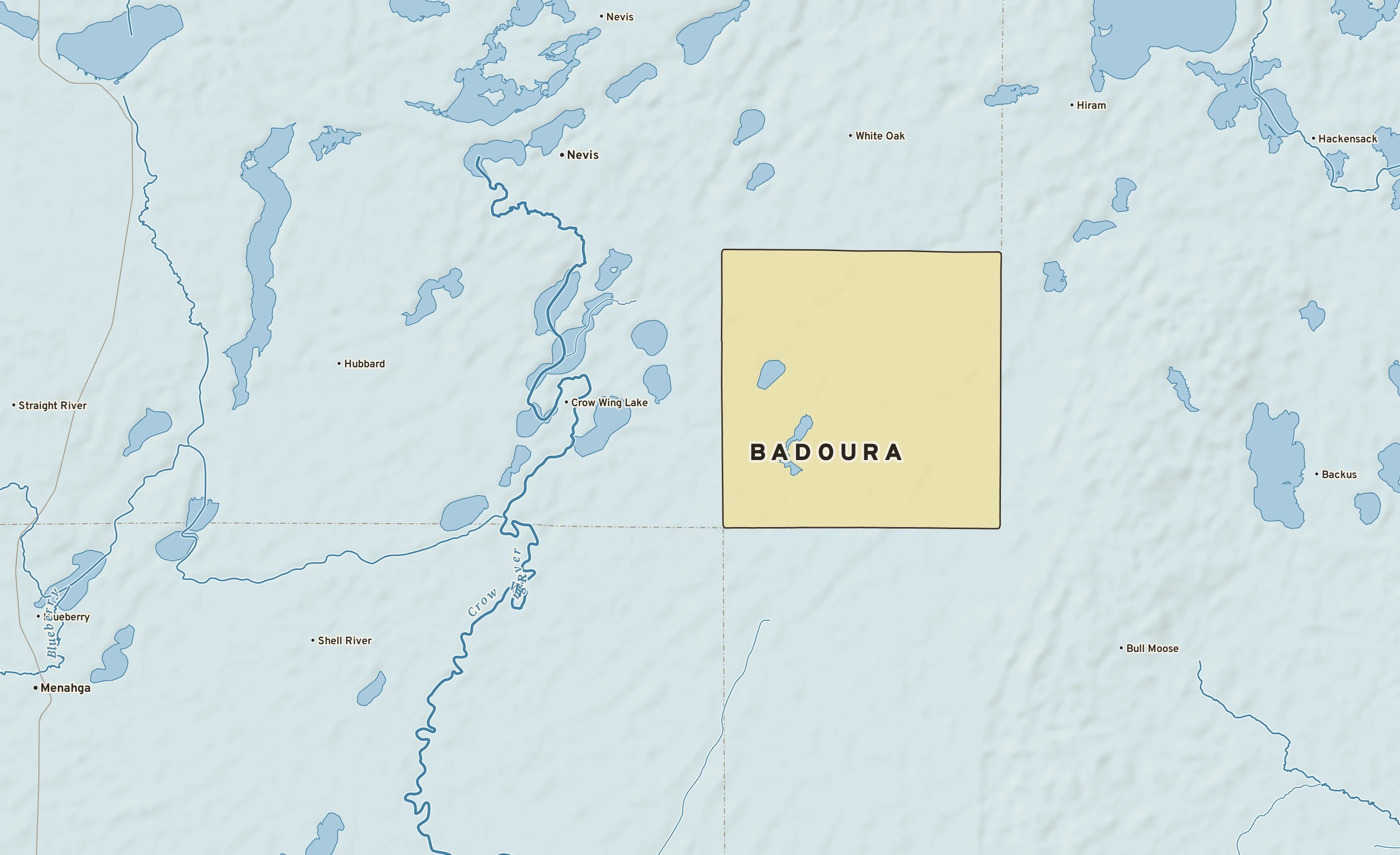 Shaded-relief atlas plate of Badoura, Minnesota: rivers, roads, the city limits and where the water drains.