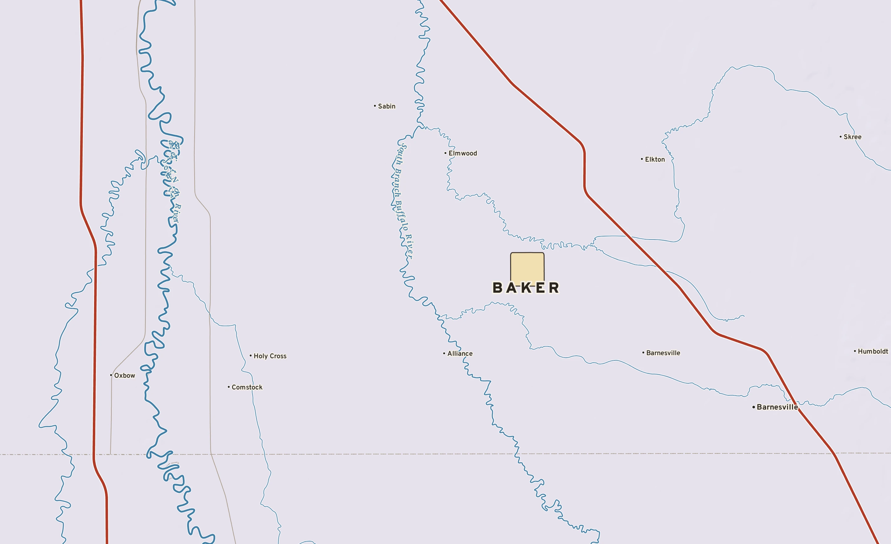 Shaded-relief atlas plate of Baker, Minnesota: rivers, roads, the city limits and where the water drains.