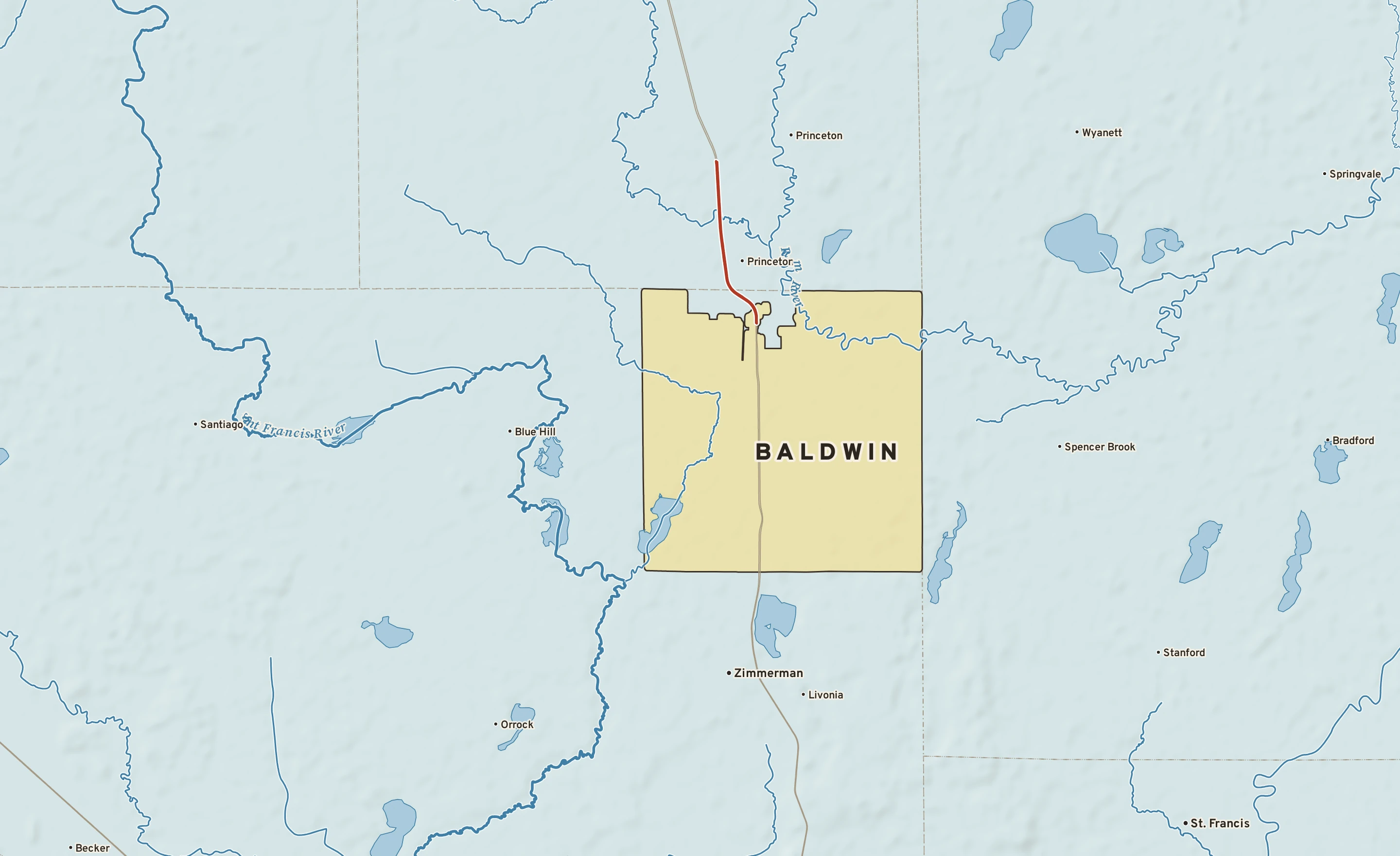 Shaded-relief atlas plate of Baldwin, Minnesota: rivers, roads, the city limits and where the water drains.