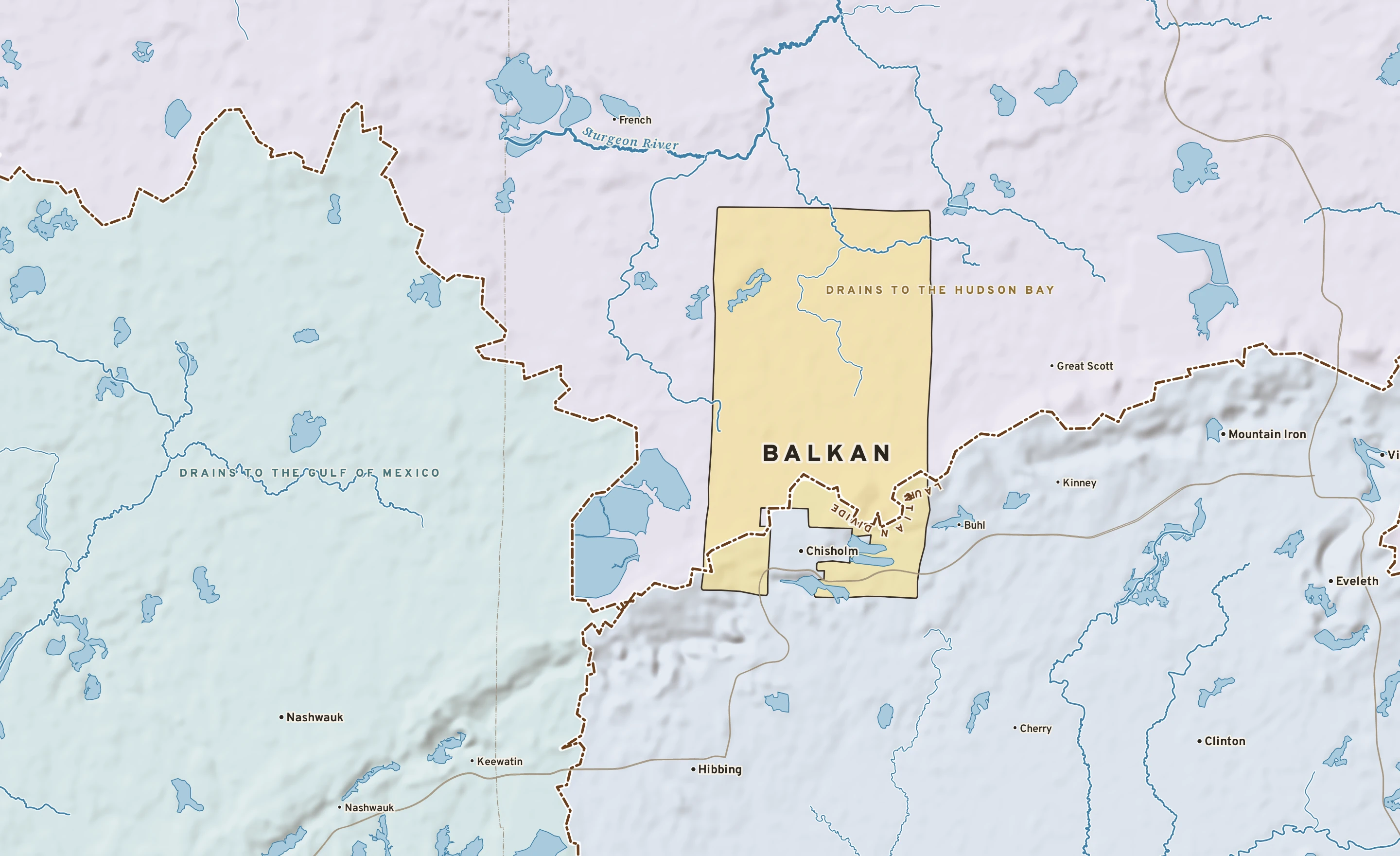 Shaded-relief atlas plate of Balkan, Minnesota: rivers, roads, the city limits and where the water drains.
