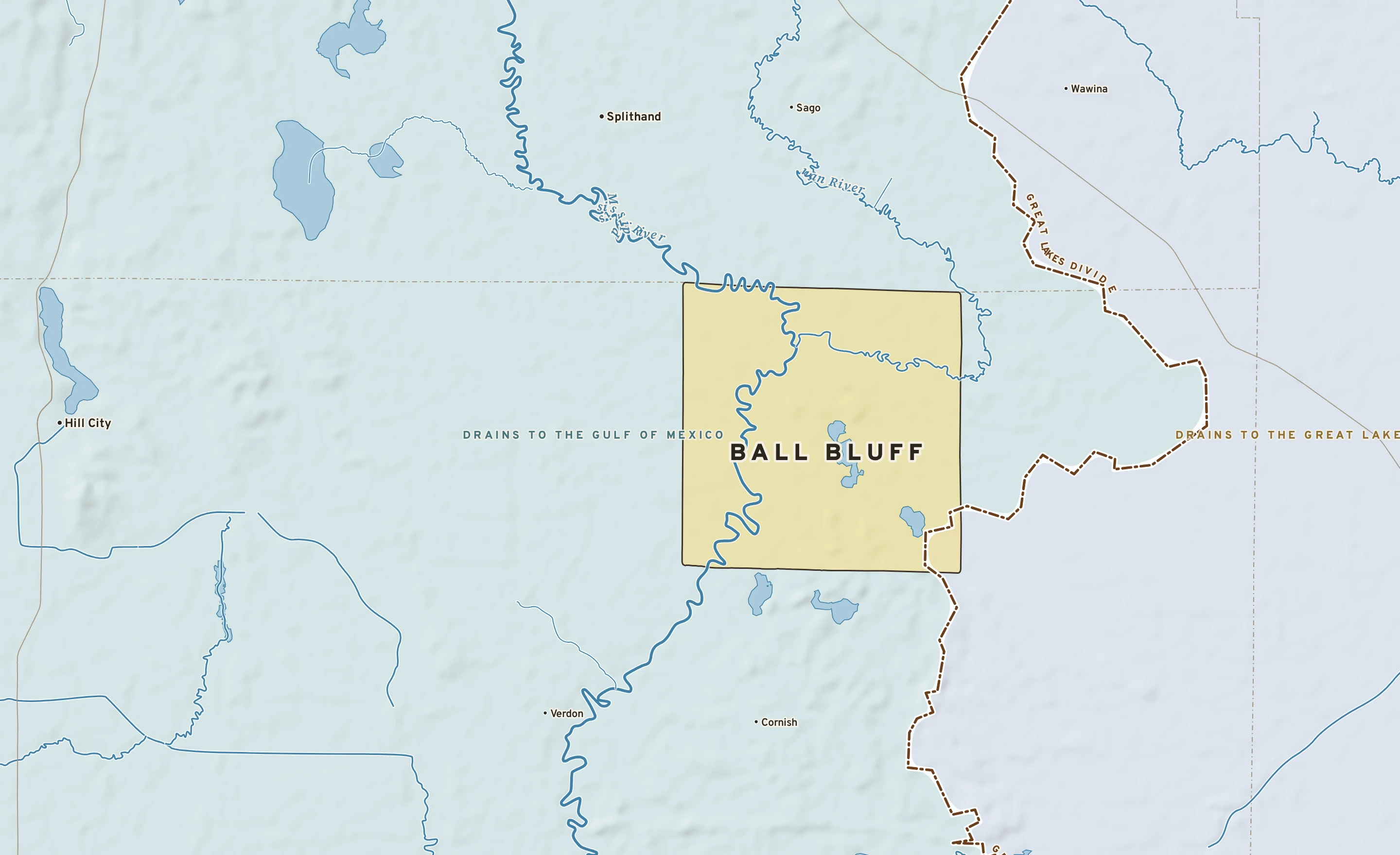 Shaded-relief atlas plate of Ball Bluff, Minnesota: rivers, roads, the city limits and where the water drains.