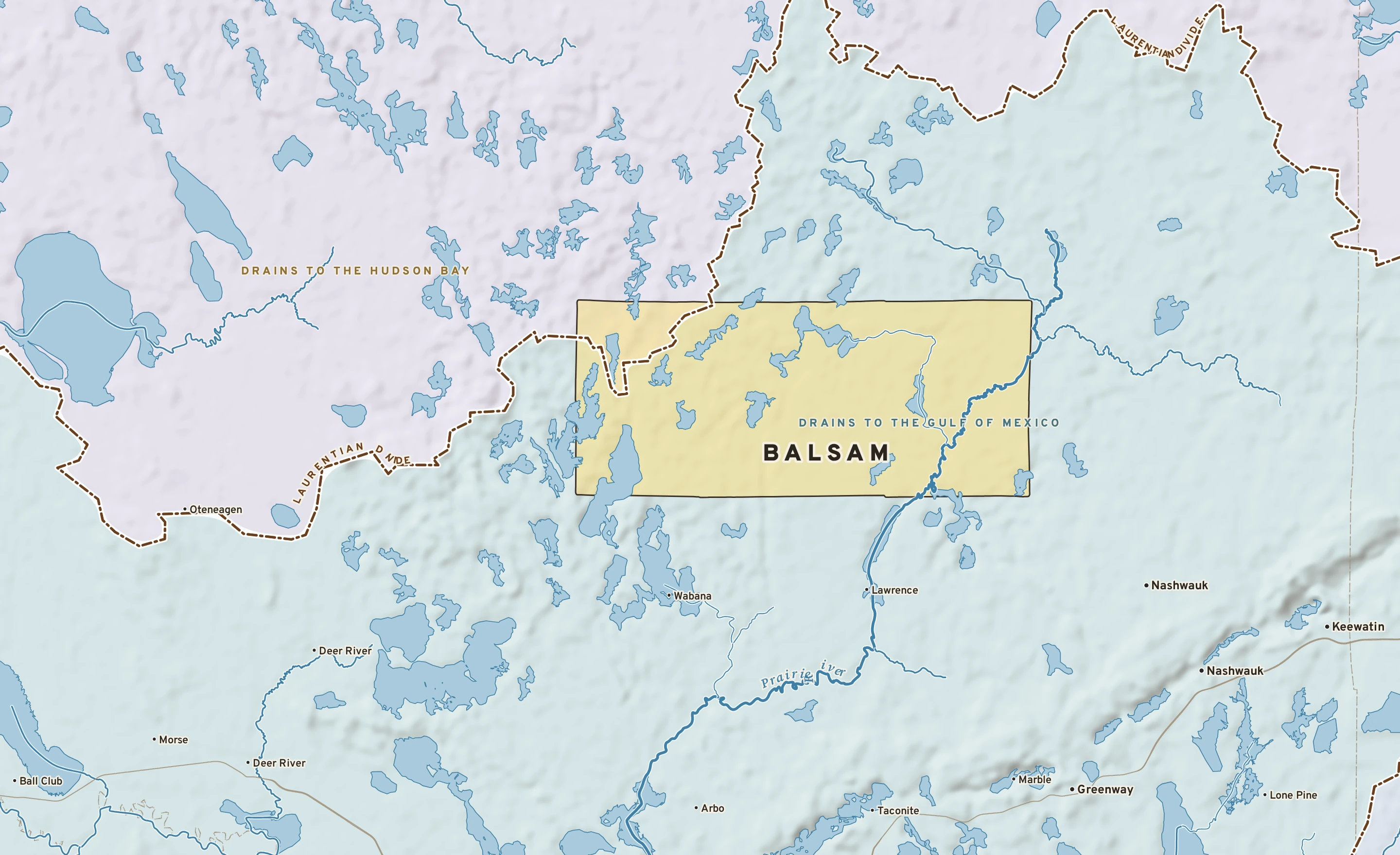 Shaded-relief atlas plate of Balsam, Minnesota: rivers, roads, the city limits and where the water drains.