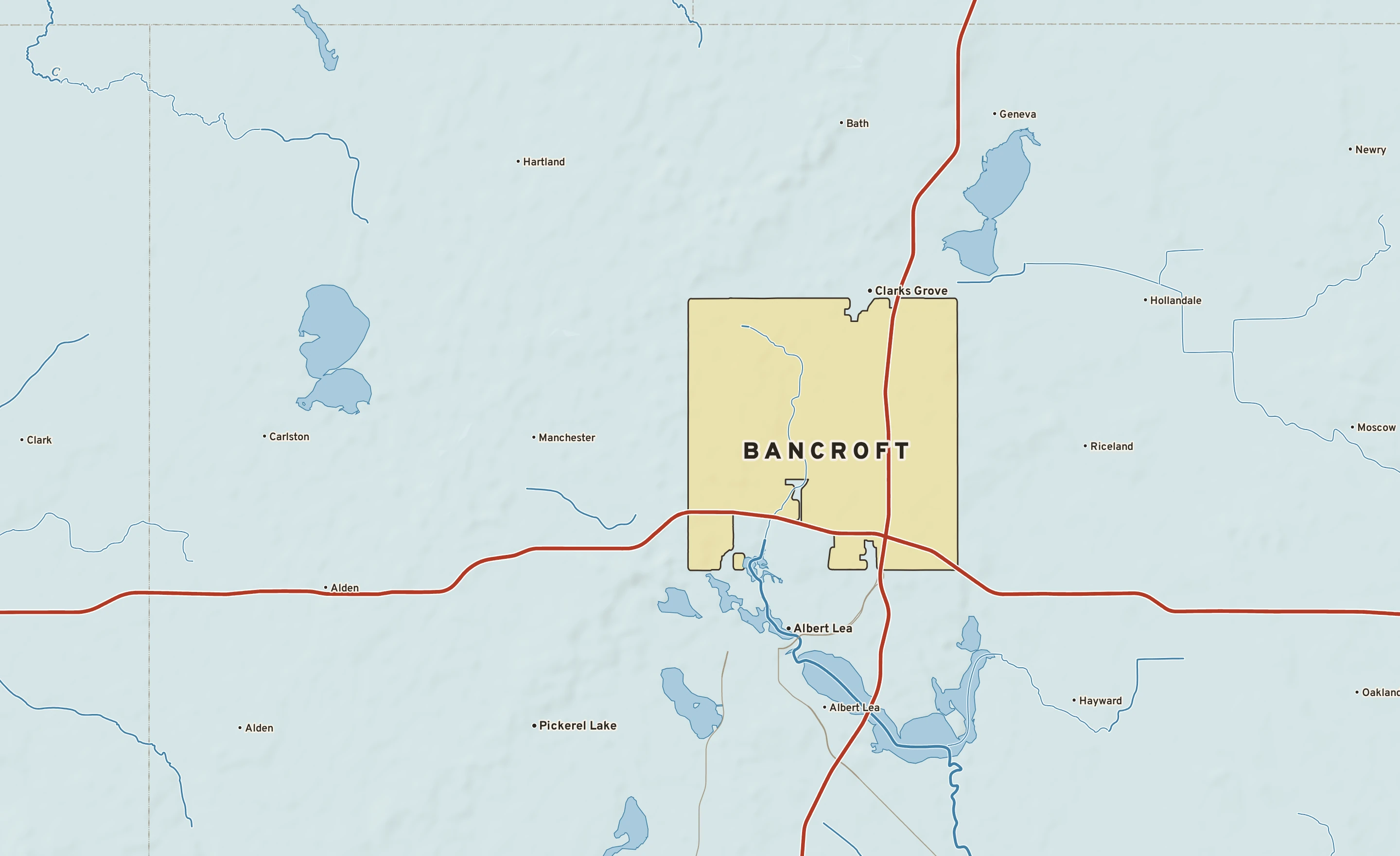 Shaded-relief atlas plate of Bancroft, Minnesota: rivers, roads, the city limits and where the water drains.