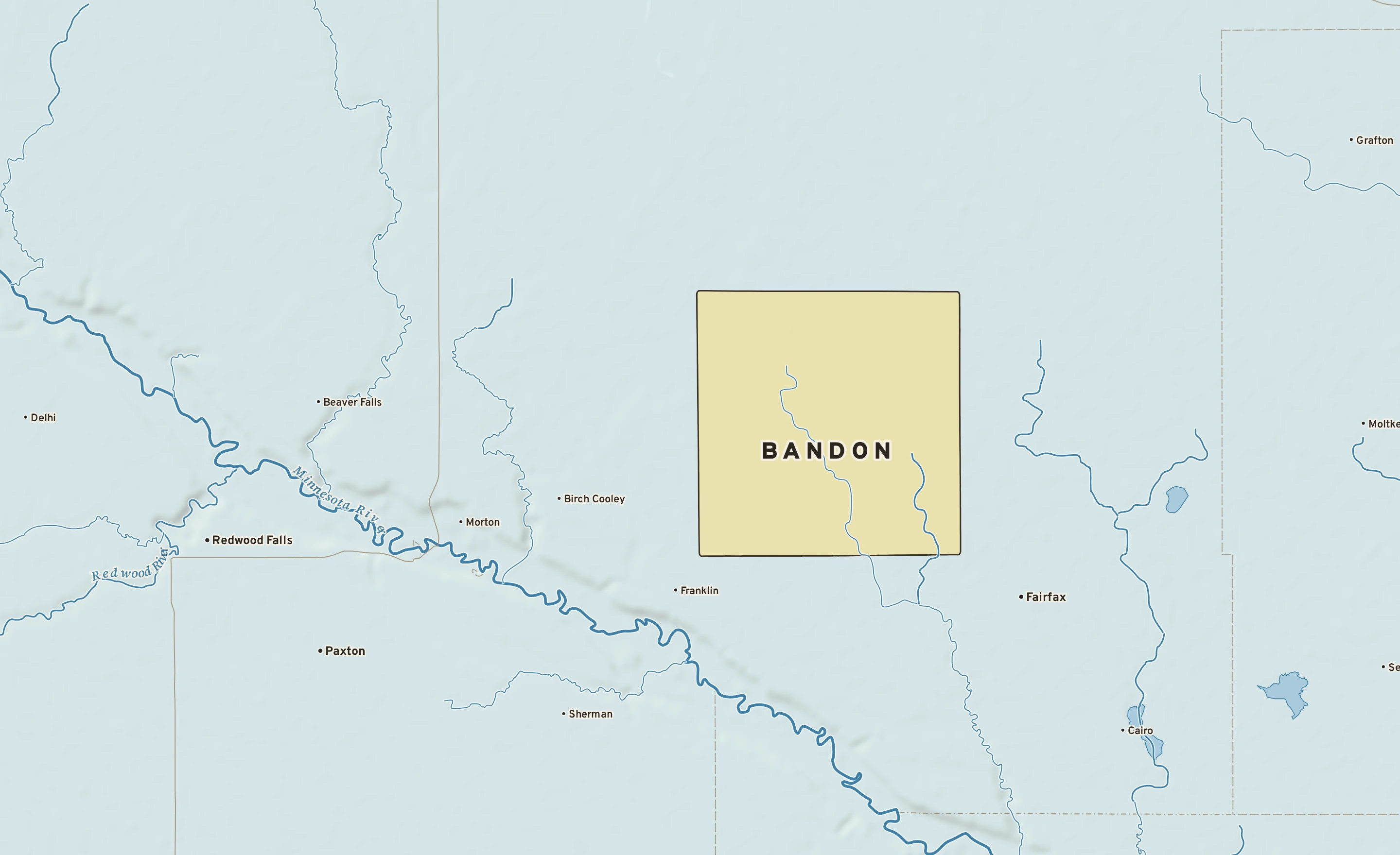 Shaded-relief atlas plate of Bandon, Minnesota: rivers, roads, the city limits and where the water drains.