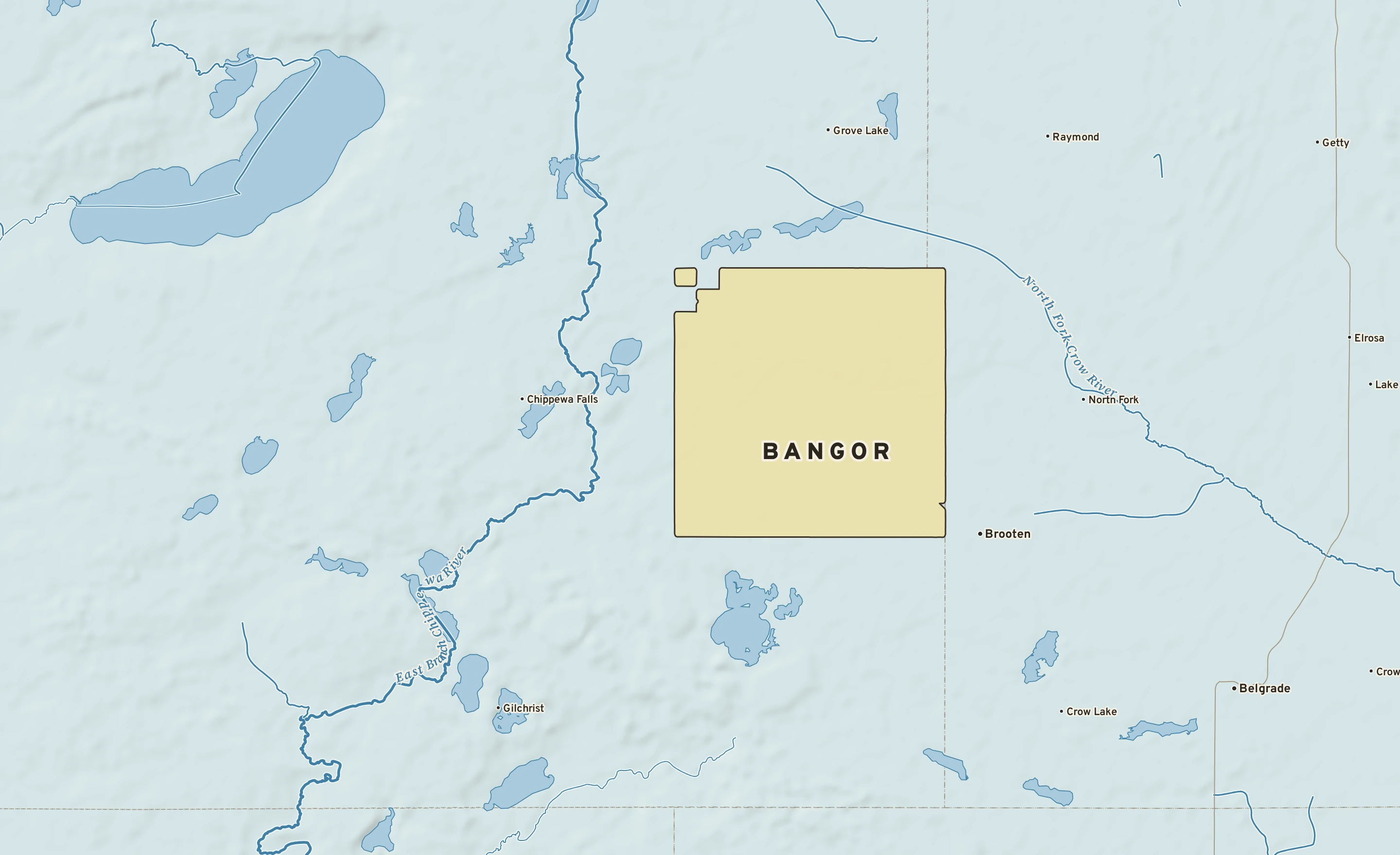 Shaded-relief atlas plate of Bangor, Minnesota: rivers, roads, the city limits and where the water drains.
