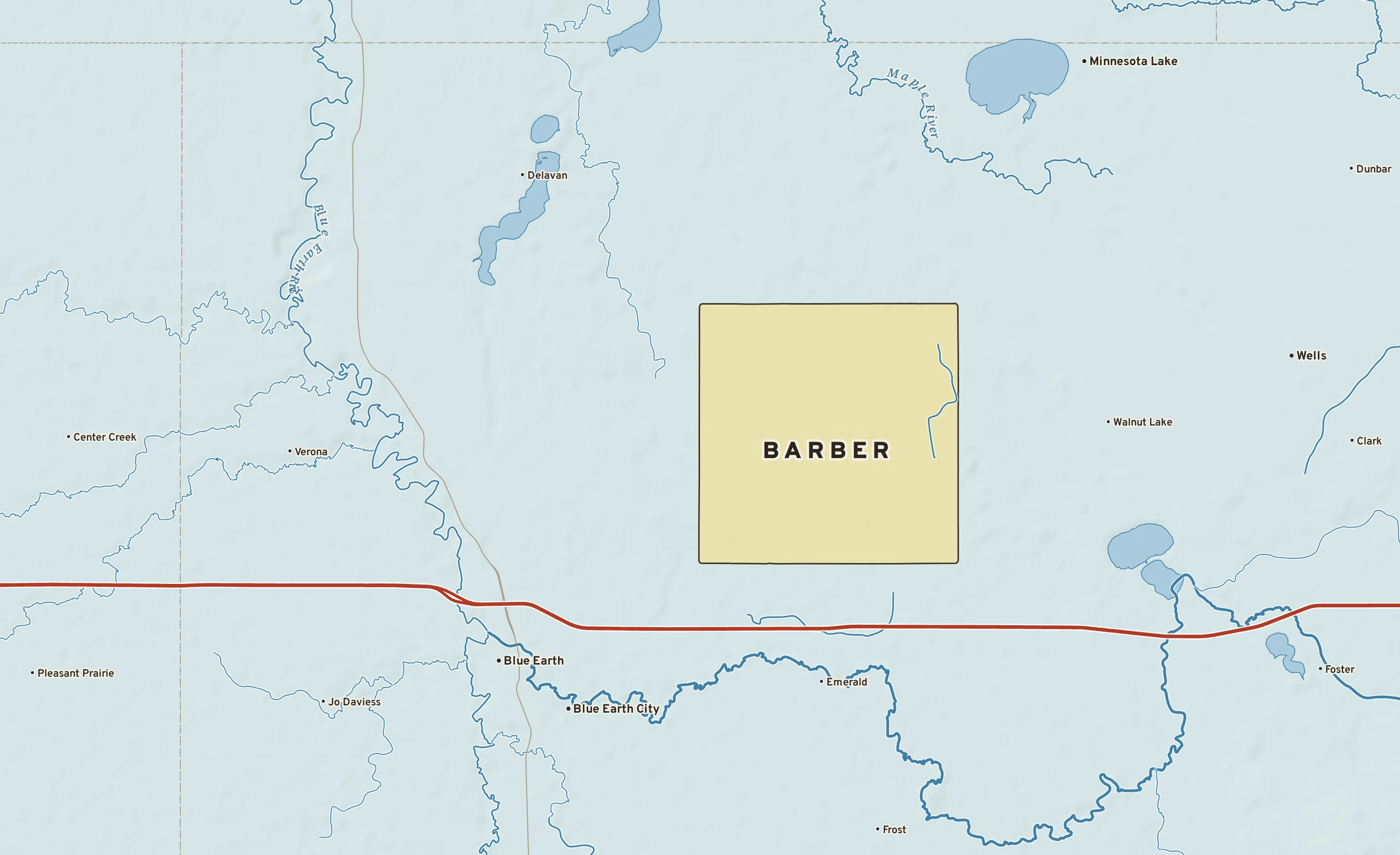 Shaded-relief atlas plate of Barber, Minnesota: rivers, roads, the city limits and where the water drains.