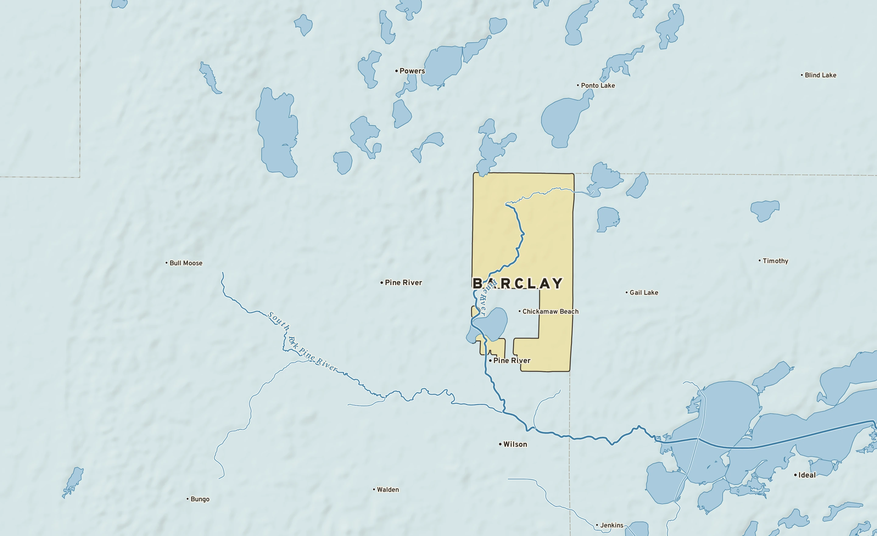 Shaded-relief atlas plate of Barclay, Minnesota: rivers, roads, the city limits and where the water drains.