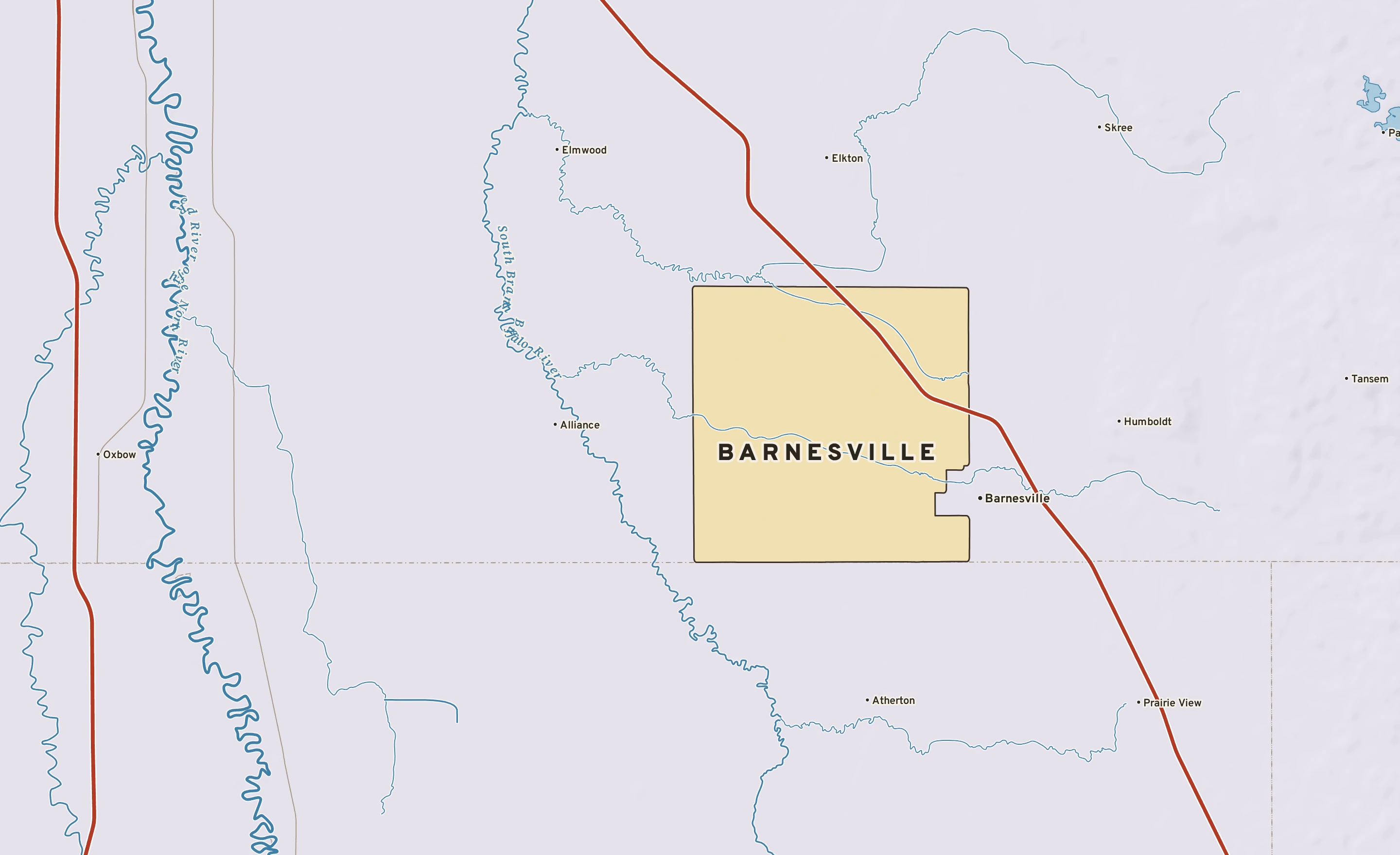 Shaded-relief atlas plate of Barnesville, Minnesota: rivers, roads, the city limits and where the water drains.