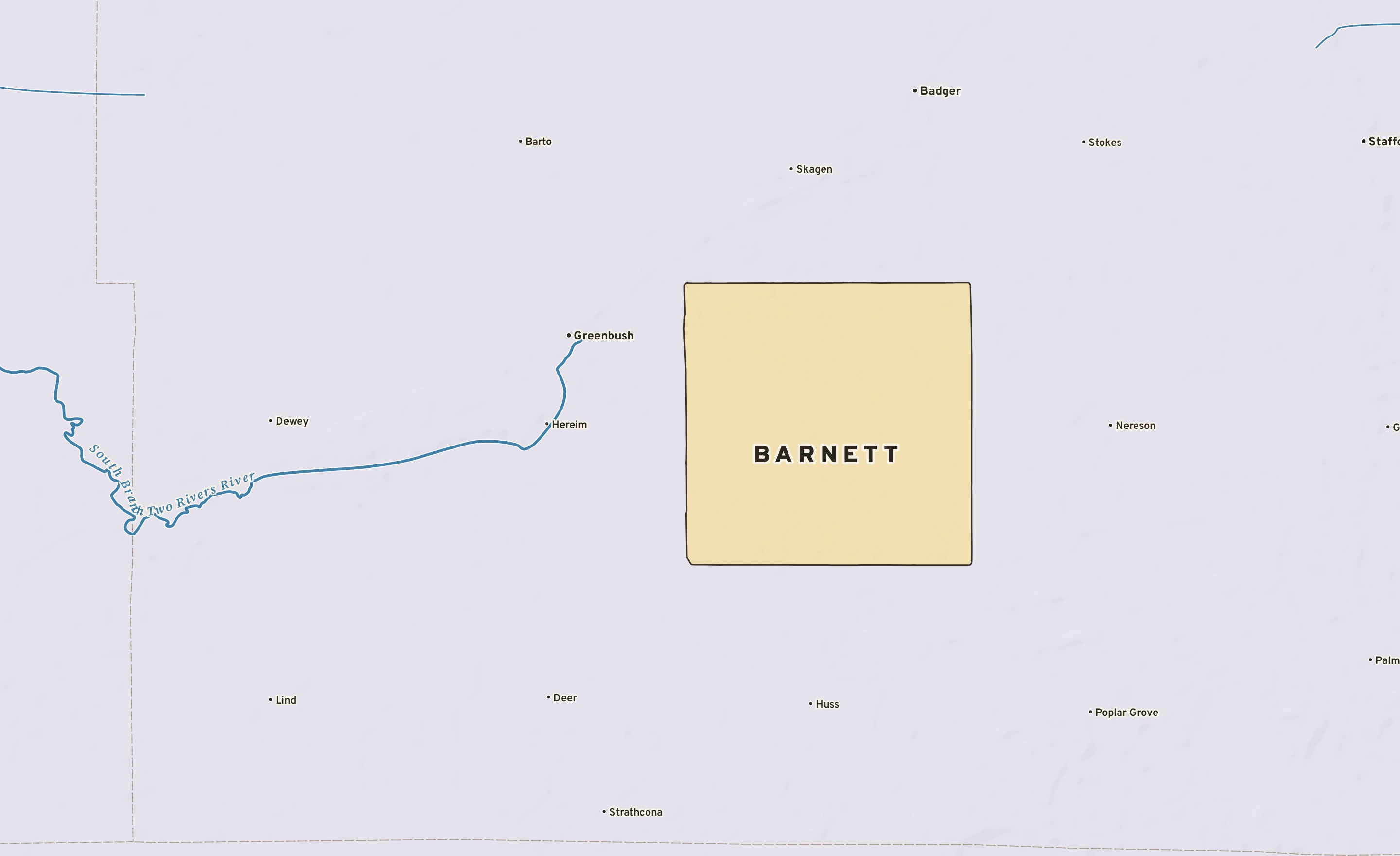 Shaded-relief atlas plate of Barnett, Minnesota: rivers, roads, the city limits and where the water drains.