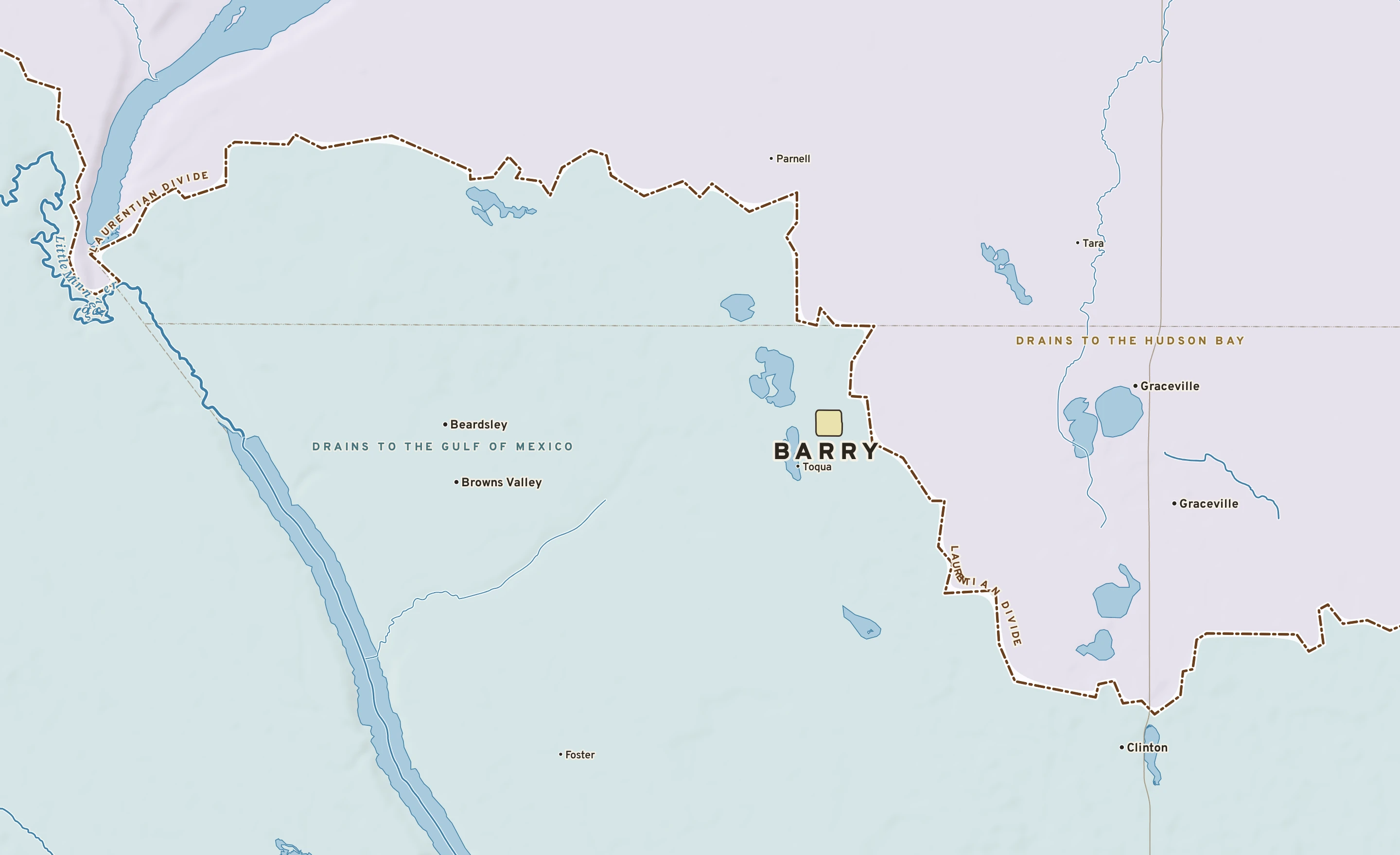 Shaded-relief atlas plate of Barry, Minnesota: rivers, roads, the city limits and where the water drains.