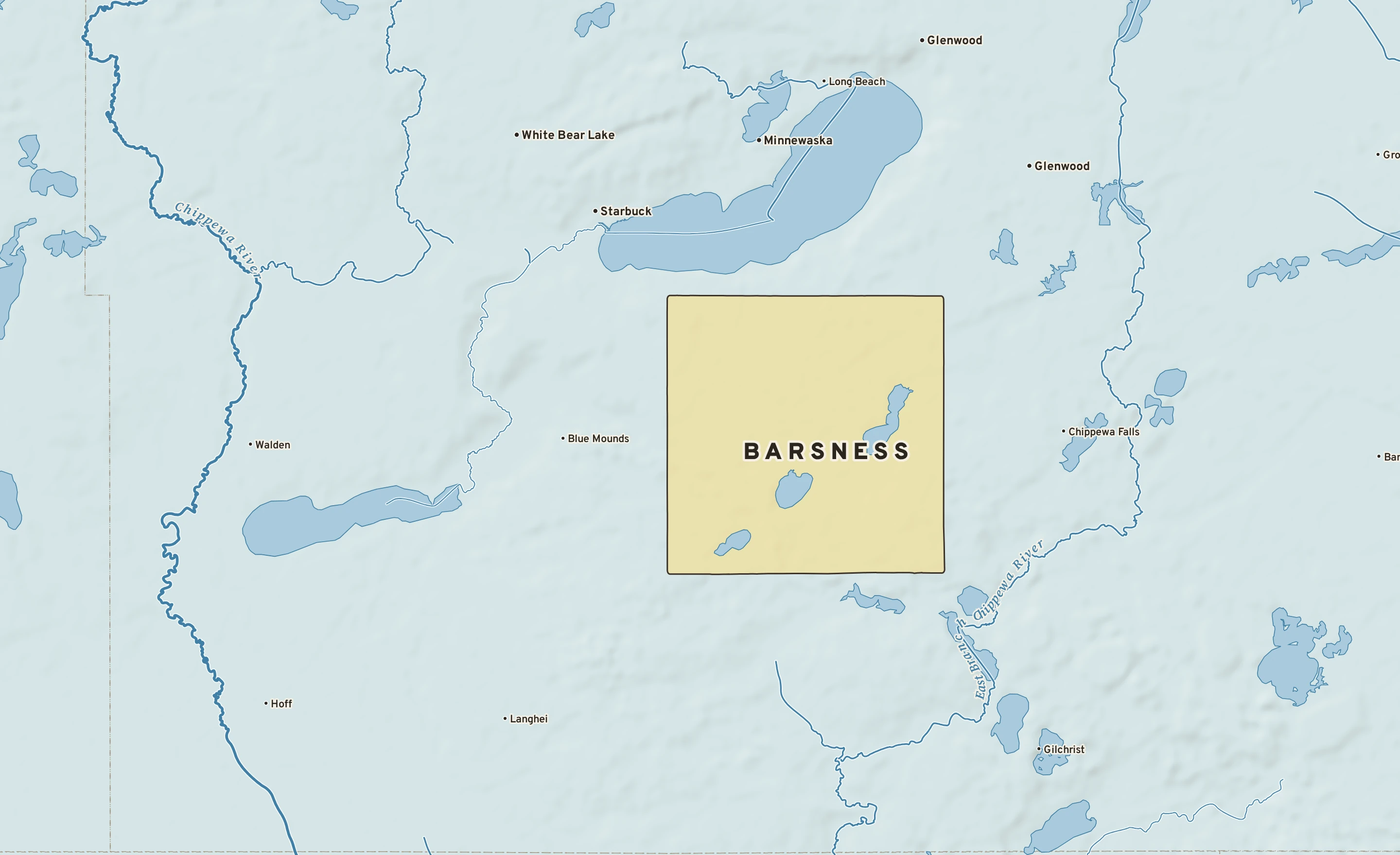 Shaded-relief atlas plate of Barsness, Minnesota: rivers, roads, the city limits and where the water drains.