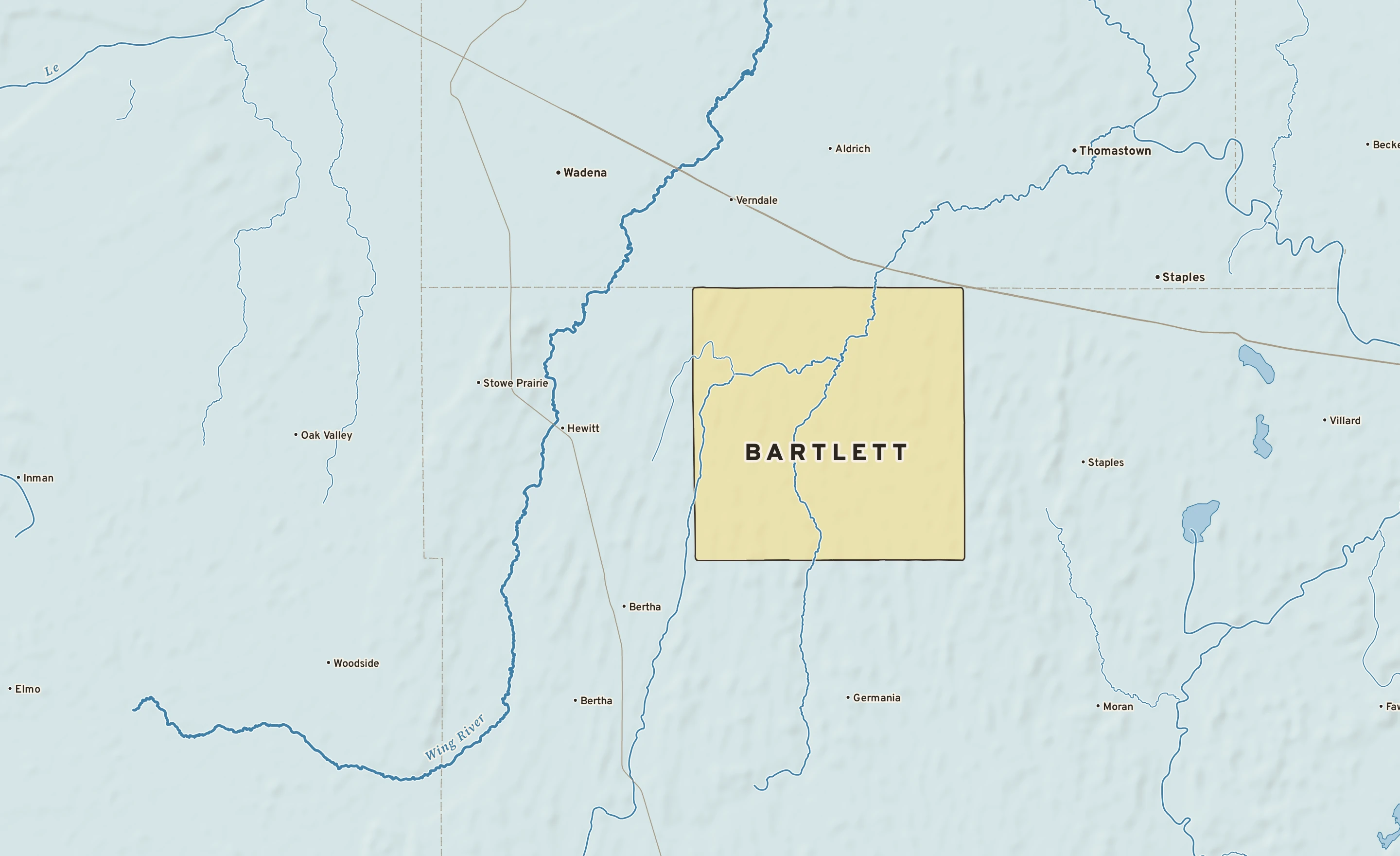 Shaded-relief atlas plate of Bartlett, Minnesota: rivers, roads, the city limits and where the water drains.