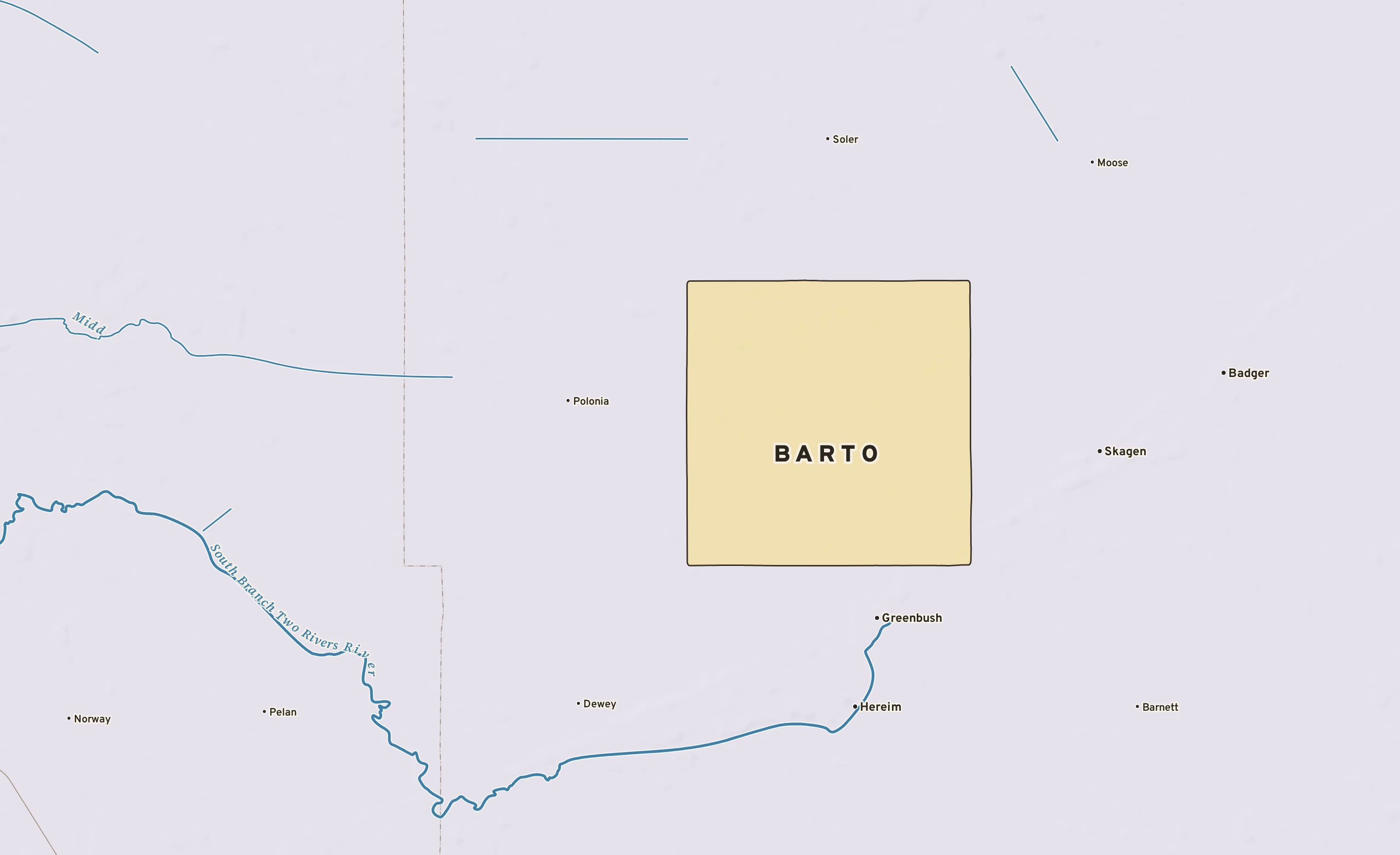 Shaded-relief atlas plate of Barto, Minnesota: rivers, roads, the city limits and where the water drains.
