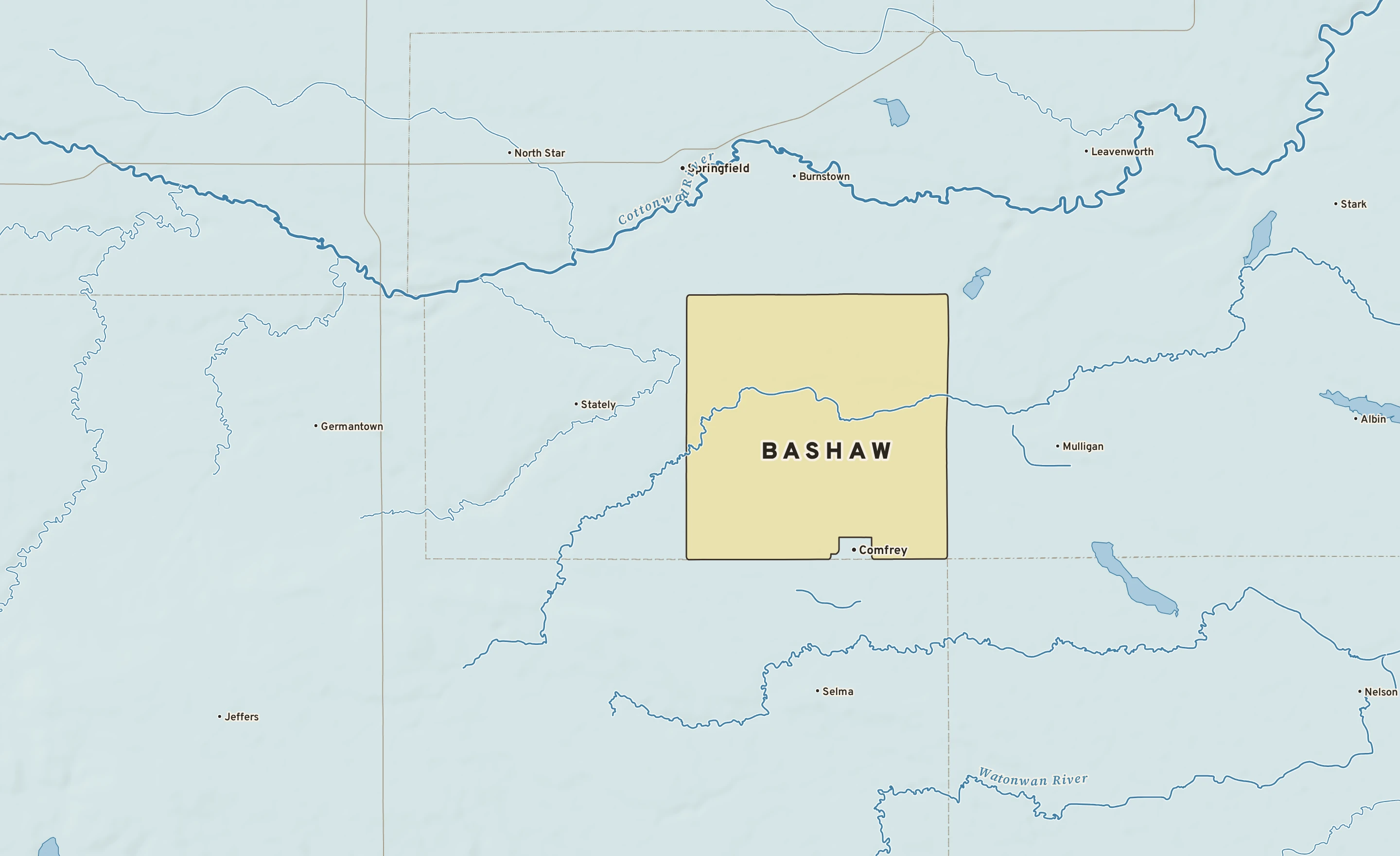 Shaded-relief atlas plate of Bashaw, Minnesota: rivers, roads, the city limits and where the water drains.