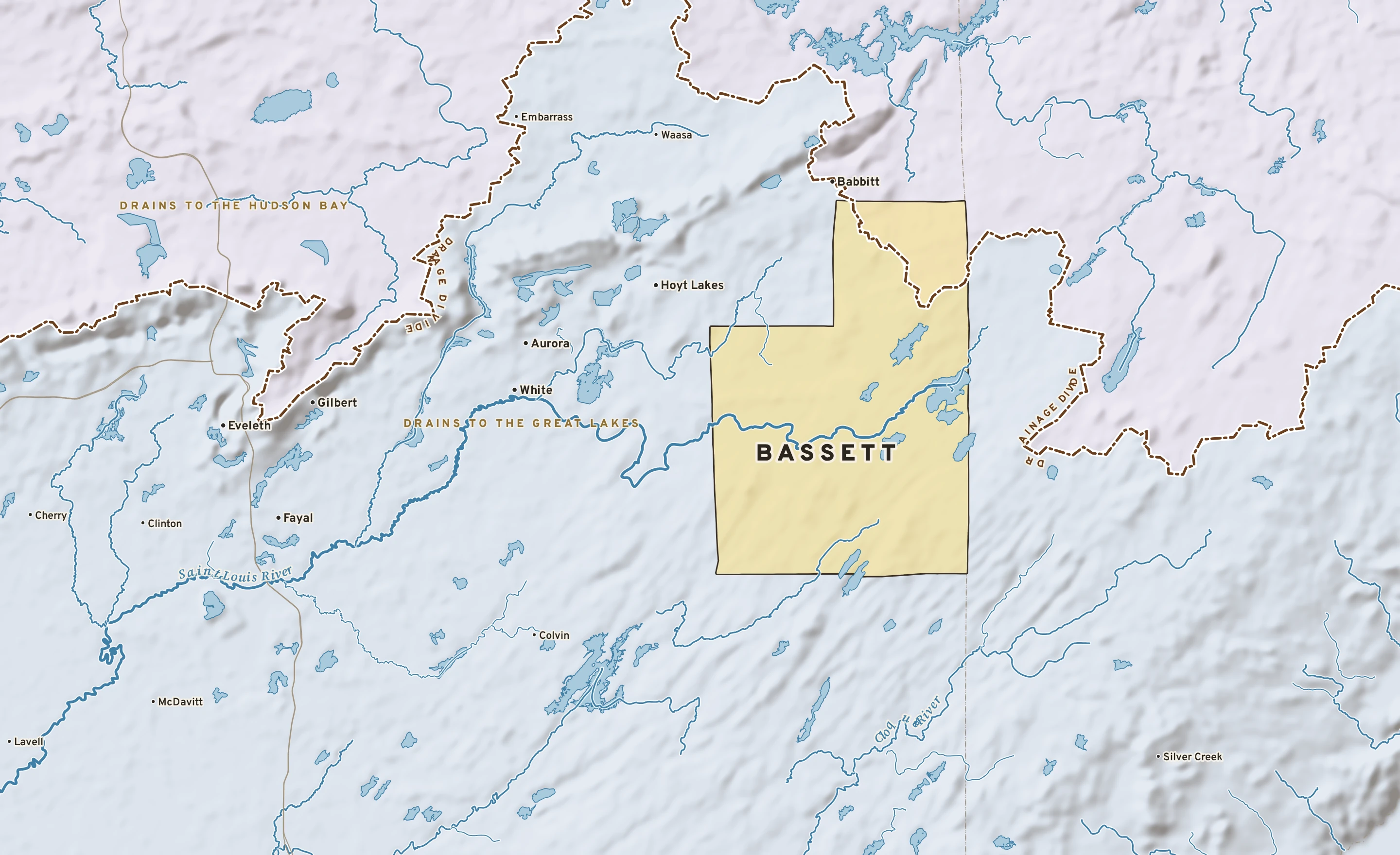 Shaded-relief atlas plate of Bassett, Minnesota: rivers, roads, the city limits and where the water drains.