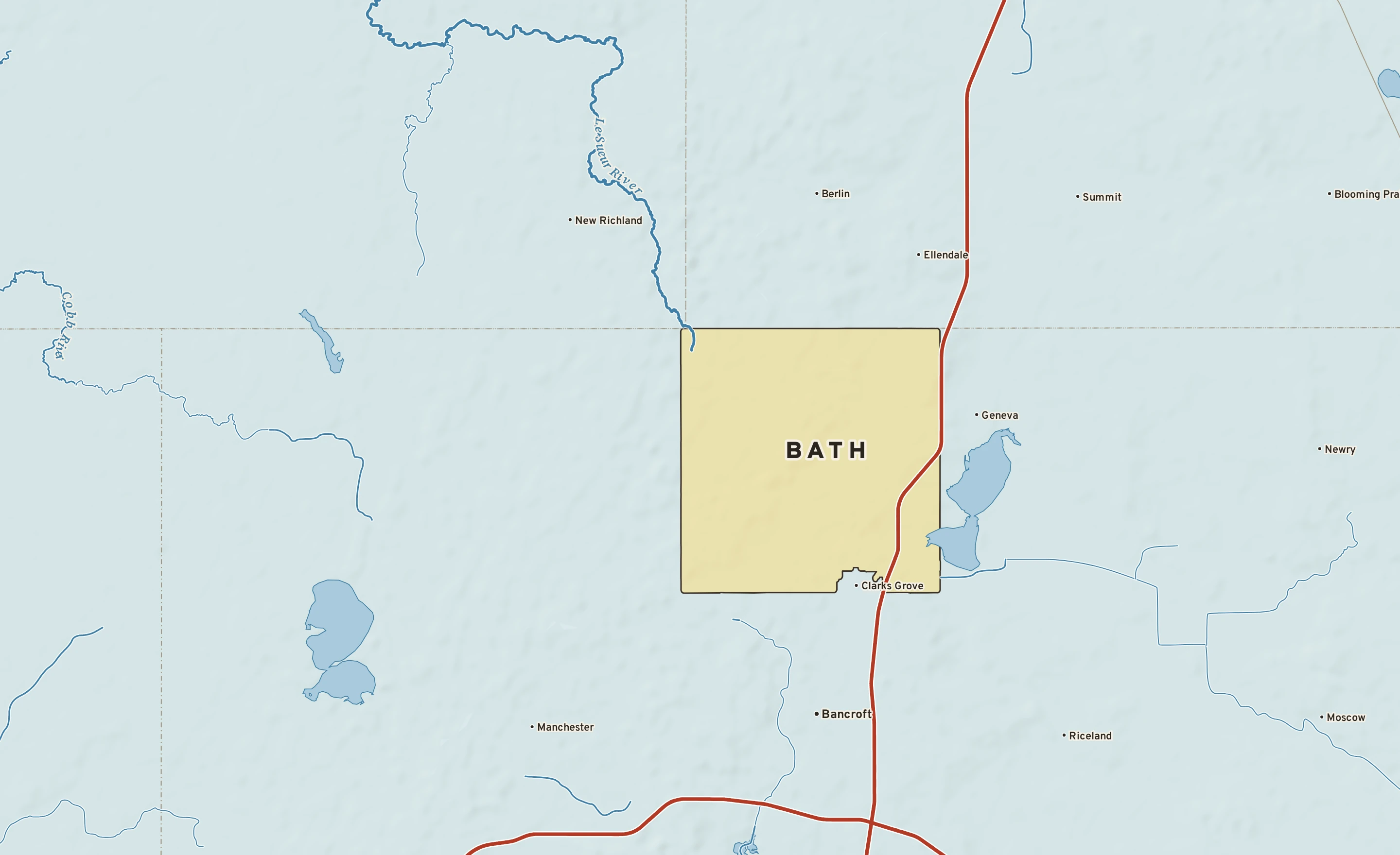 Shaded-relief atlas plate of Bath, Minnesota: rivers, roads, the city limits and where the water drains.