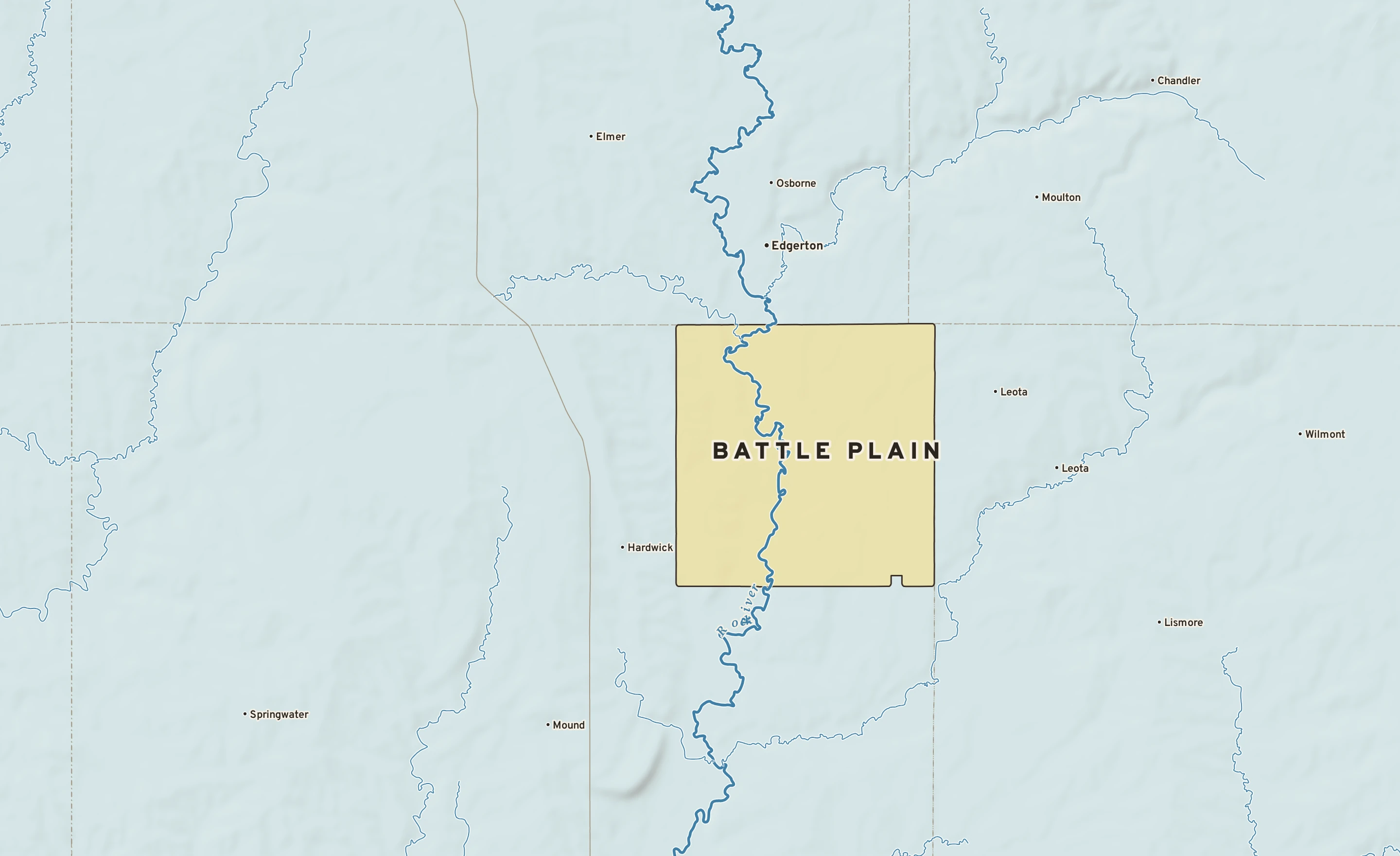 Shaded-relief atlas plate of Battle Plain, Minnesota: rivers, roads, the city limits and where the water drains.
