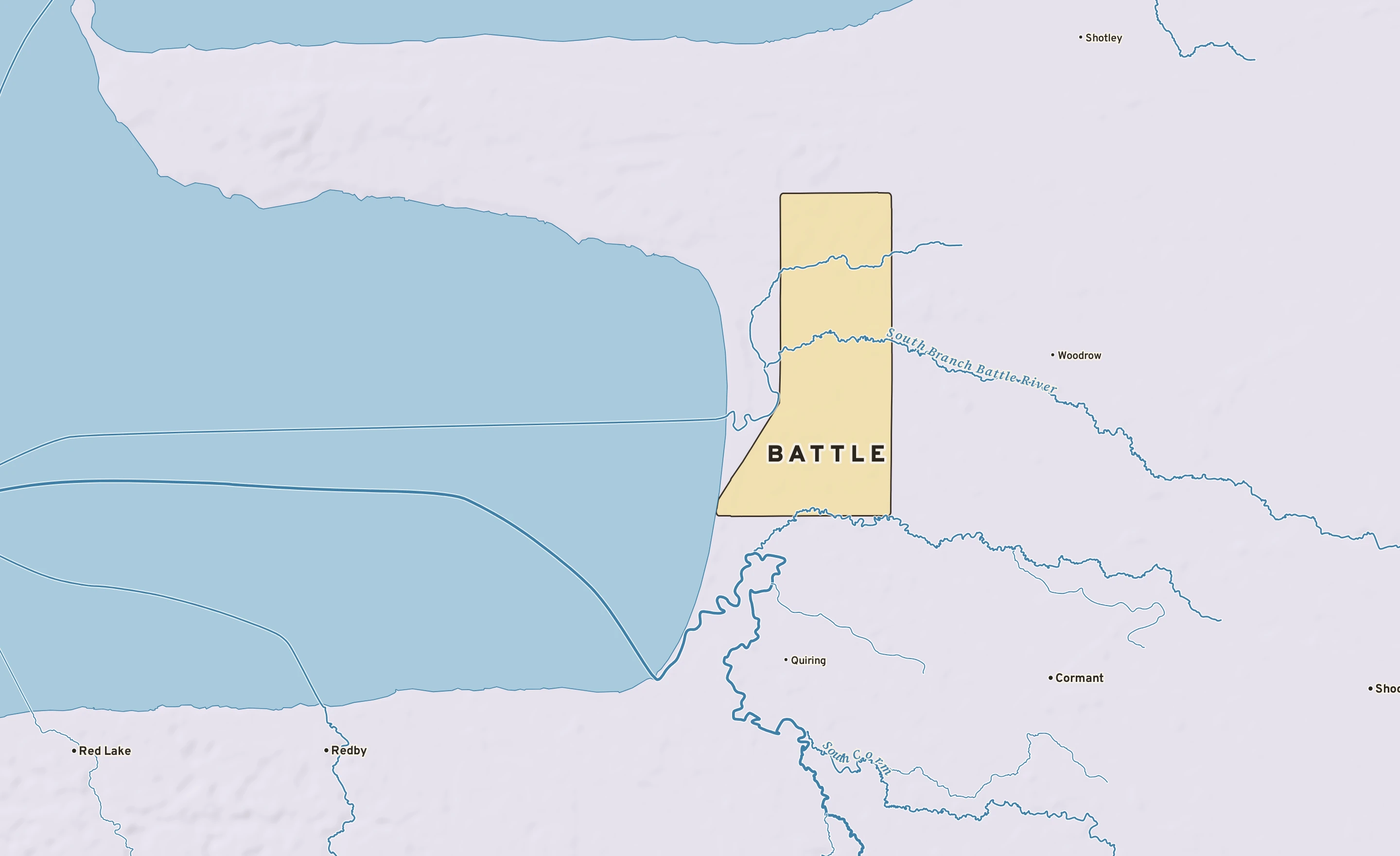 Shaded-relief atlas plate of Battle, Minnesota: rivers, roads, the city limits and where the water drains.