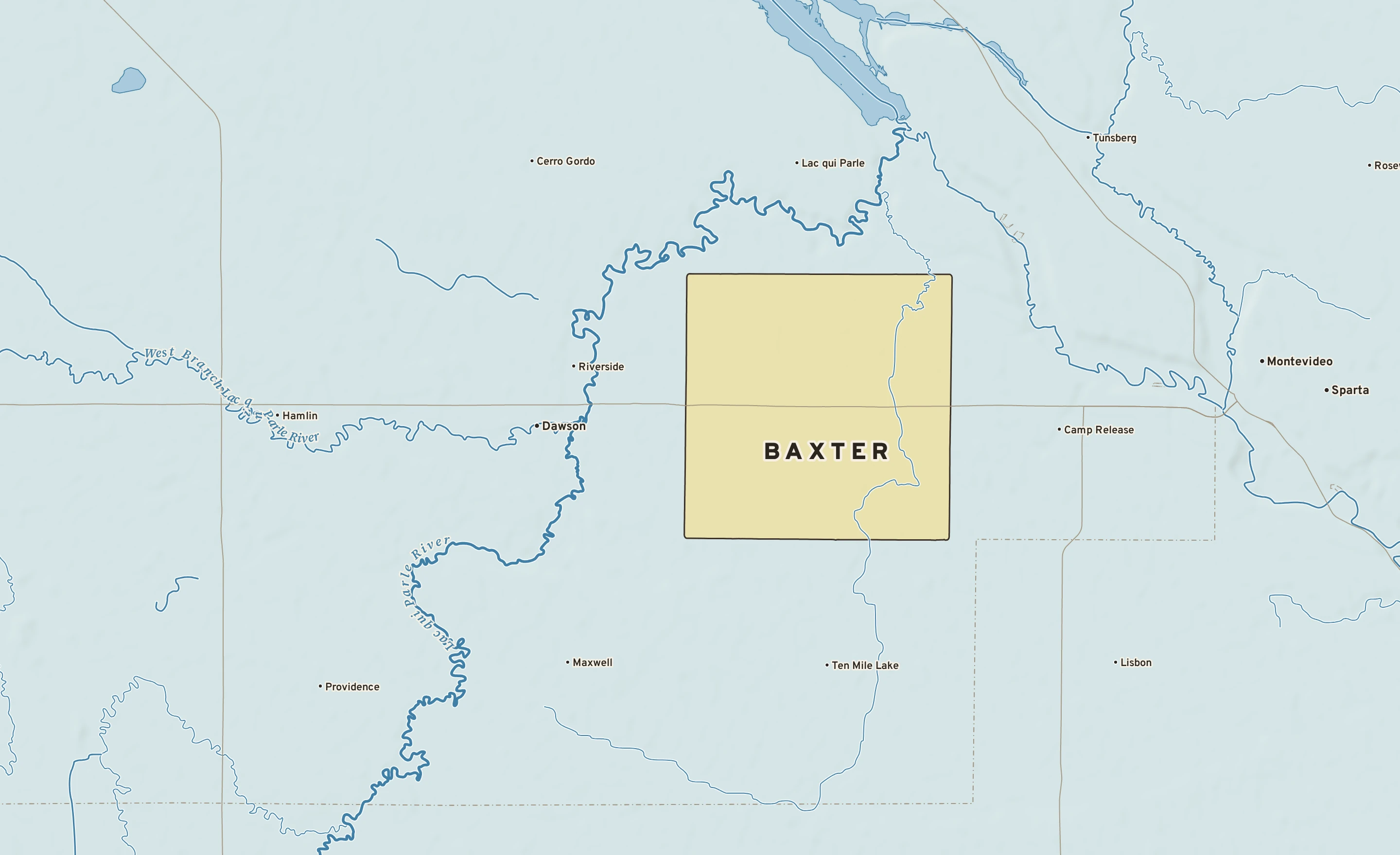 Shaded-relief atlas plate of Baxter, Minnesota: rivers, roads, the city limits and where the water drains.