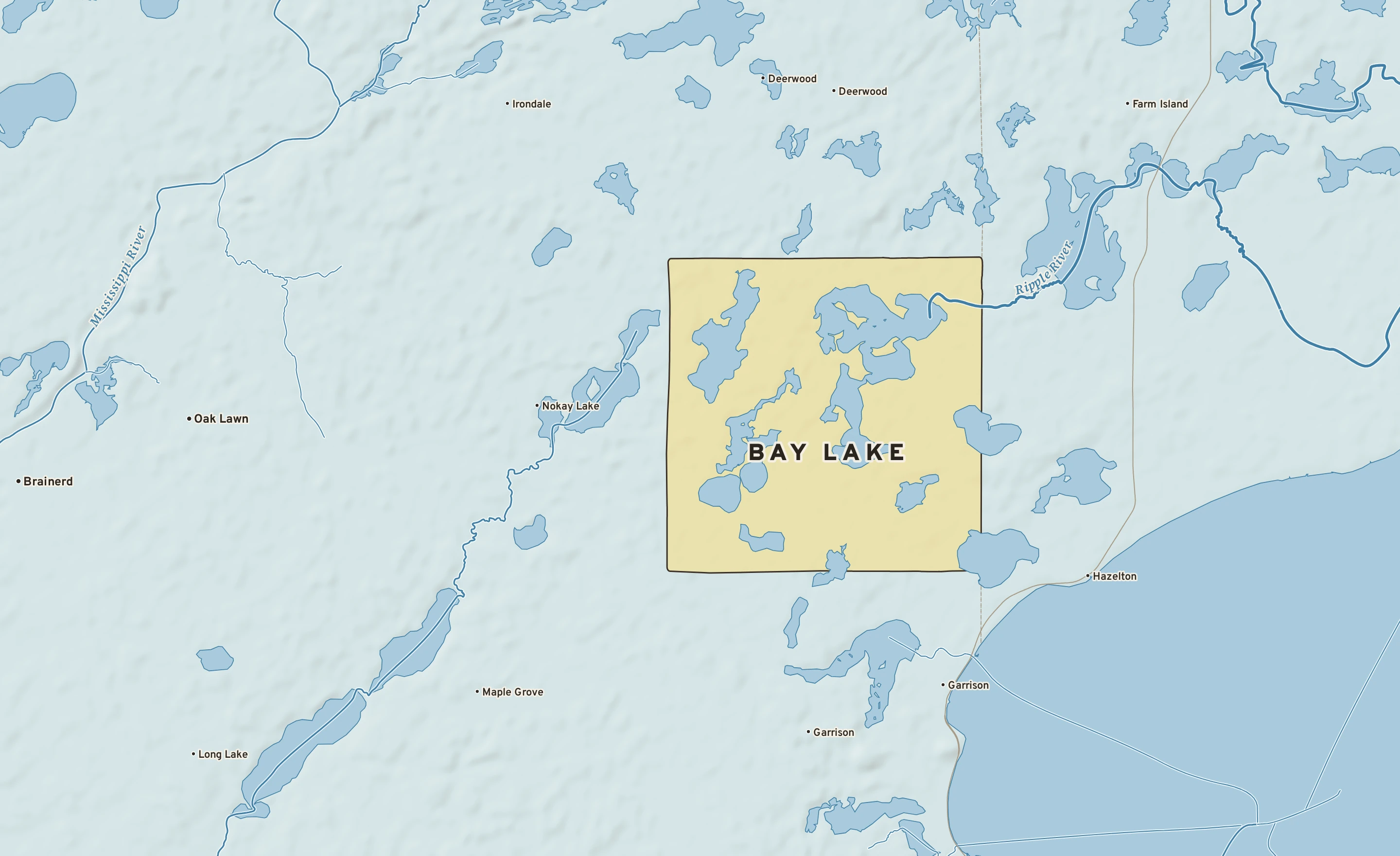 Shaded-relief atlas plate of Bay Lake, Minnesota: rivers, roads, the city limits and where the water drains.