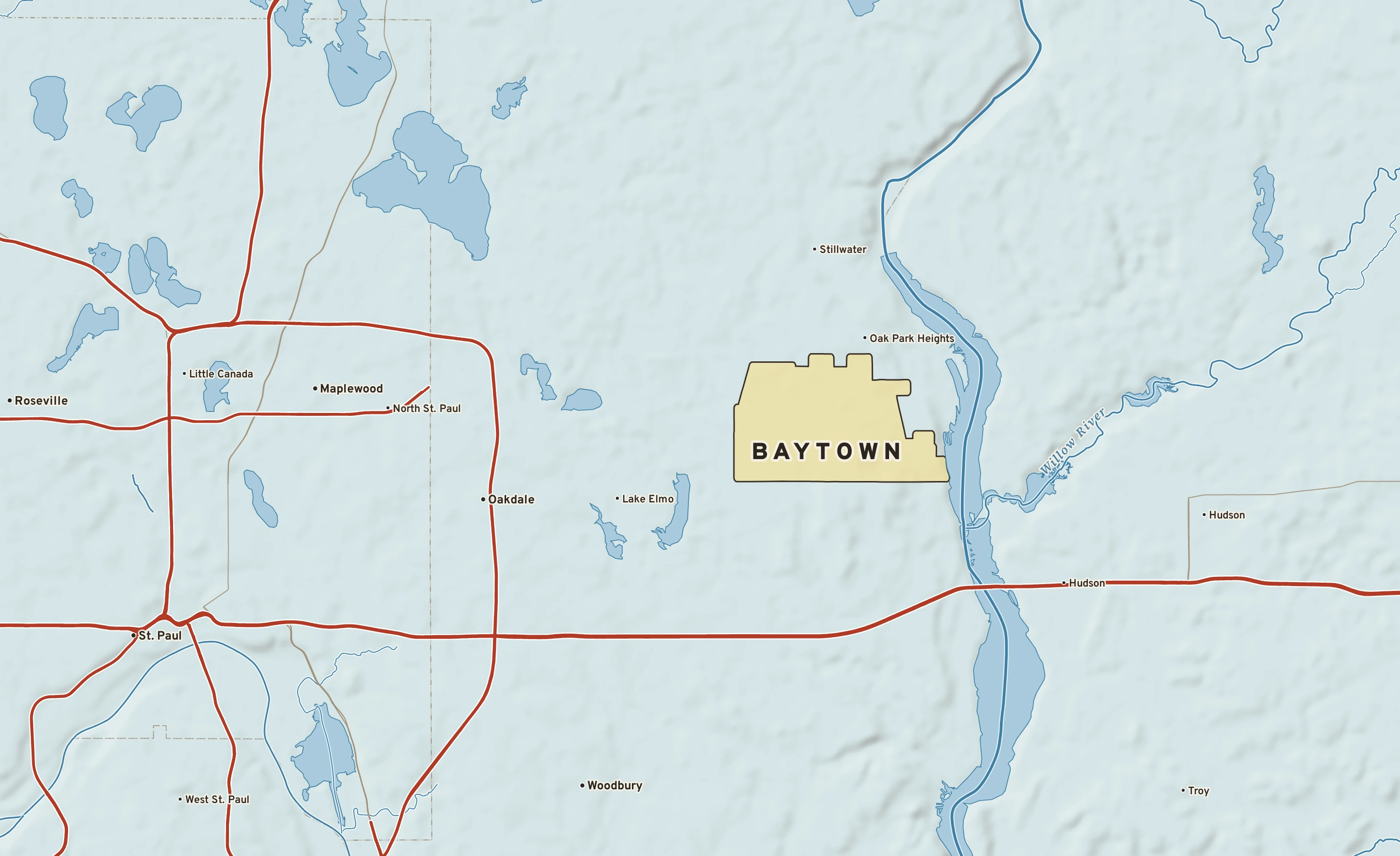 Shaded-relief atlas plate of Baytown, Minnesota: rivers, roads, the city limits and where the water drains.